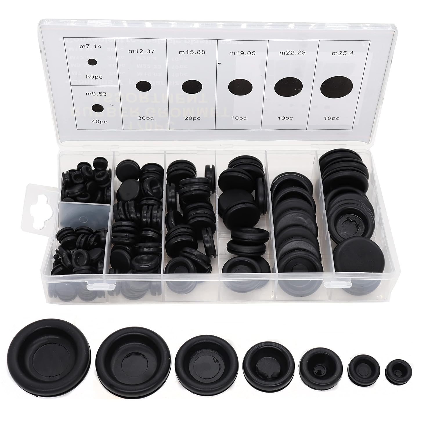 cSeao Kit surtido de 170 piezas de ojales de goma negra, 7 tamaños de junta de anillo de ojal de 14″ 516″ 38″ 716″ 12″ 58″ 34″ 78″ 1″