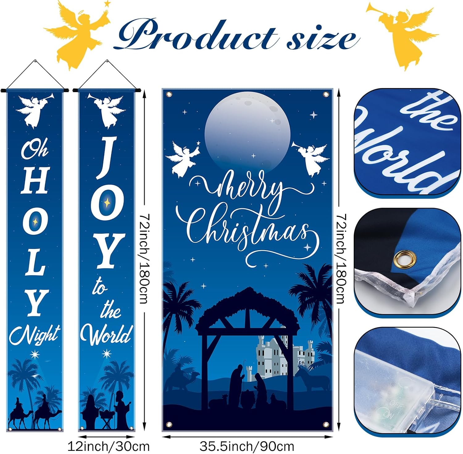 3 carteles iluminados de Navidad con luz de noche santa y alegría al mundo, pesebre al aire libre, Navidad, porche, con cadena de luces LED,