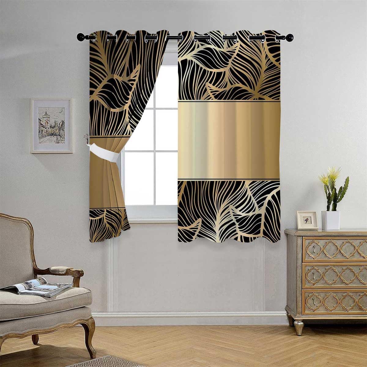YANFENQI Cortinas para Habitacion Black Gold Grommet Short Sliding Door Curtains Pantry Curtain 55Inch Width by 55Inch Length,2 Panels