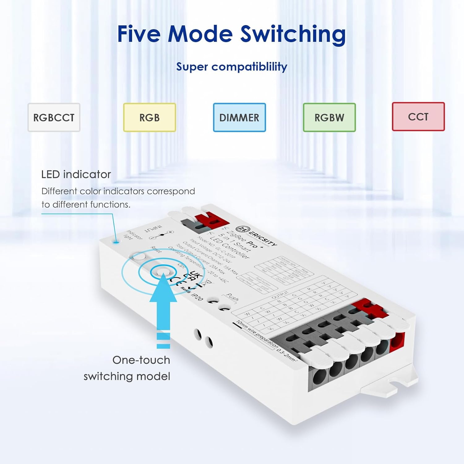 ZigBee 3.0 Pro+ Smart LED Controlador 5 en 1, 2.4GHz WiFi PWM LED Controlador 20A Max DC12-24V Compatible con Alexa Google Home Smart Life Tuya