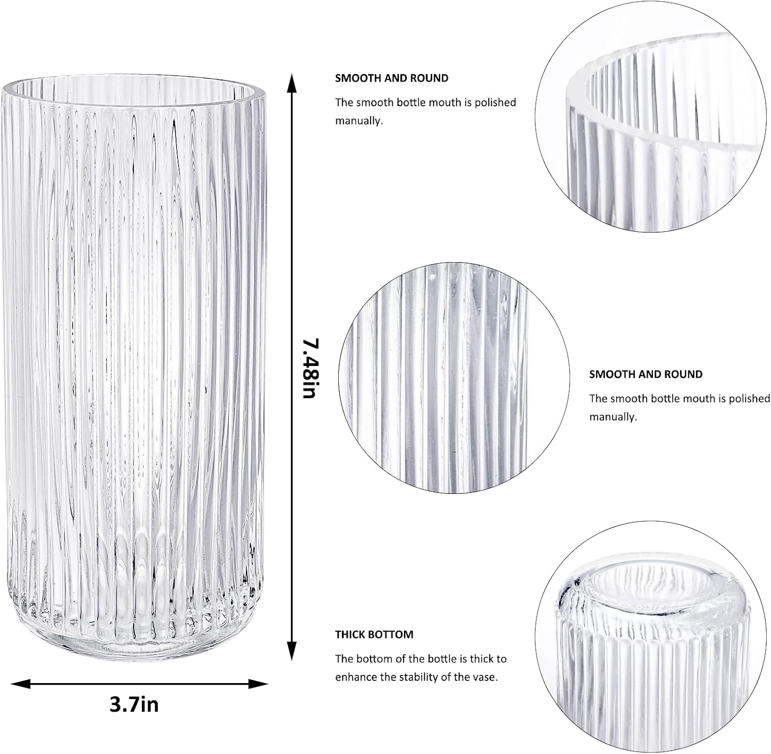Fixwal Florero de cristal acanalado de 7.5 pulgadas para centros de mesa, jarrón grueso transparente para estantería, mesa de comedor, escritorio de