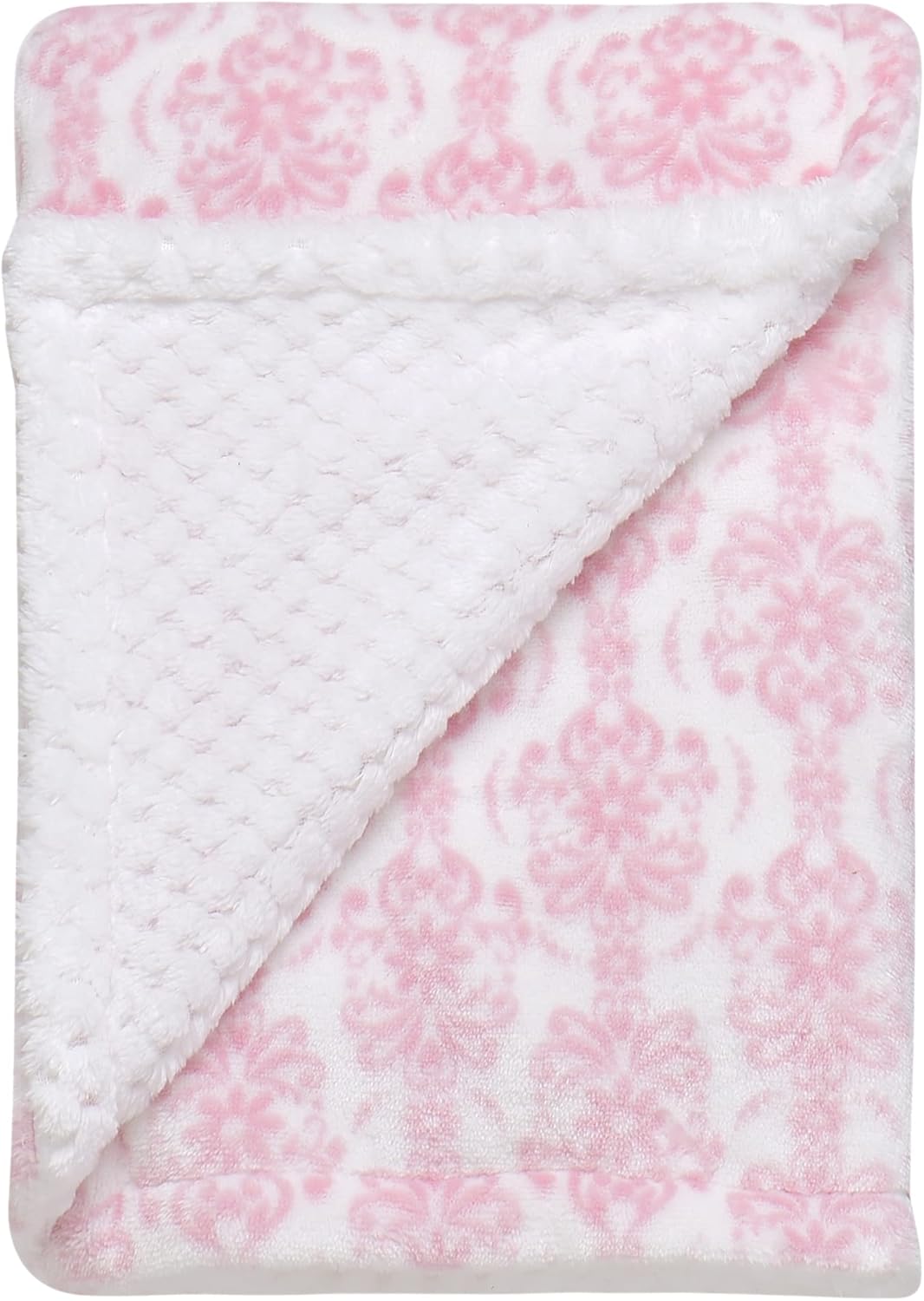 Little Me – Manta de felpa de 2 capas para bebé, 2 caras reversibles, 30 x 40 pulgadas (estampado de damasco rosa)