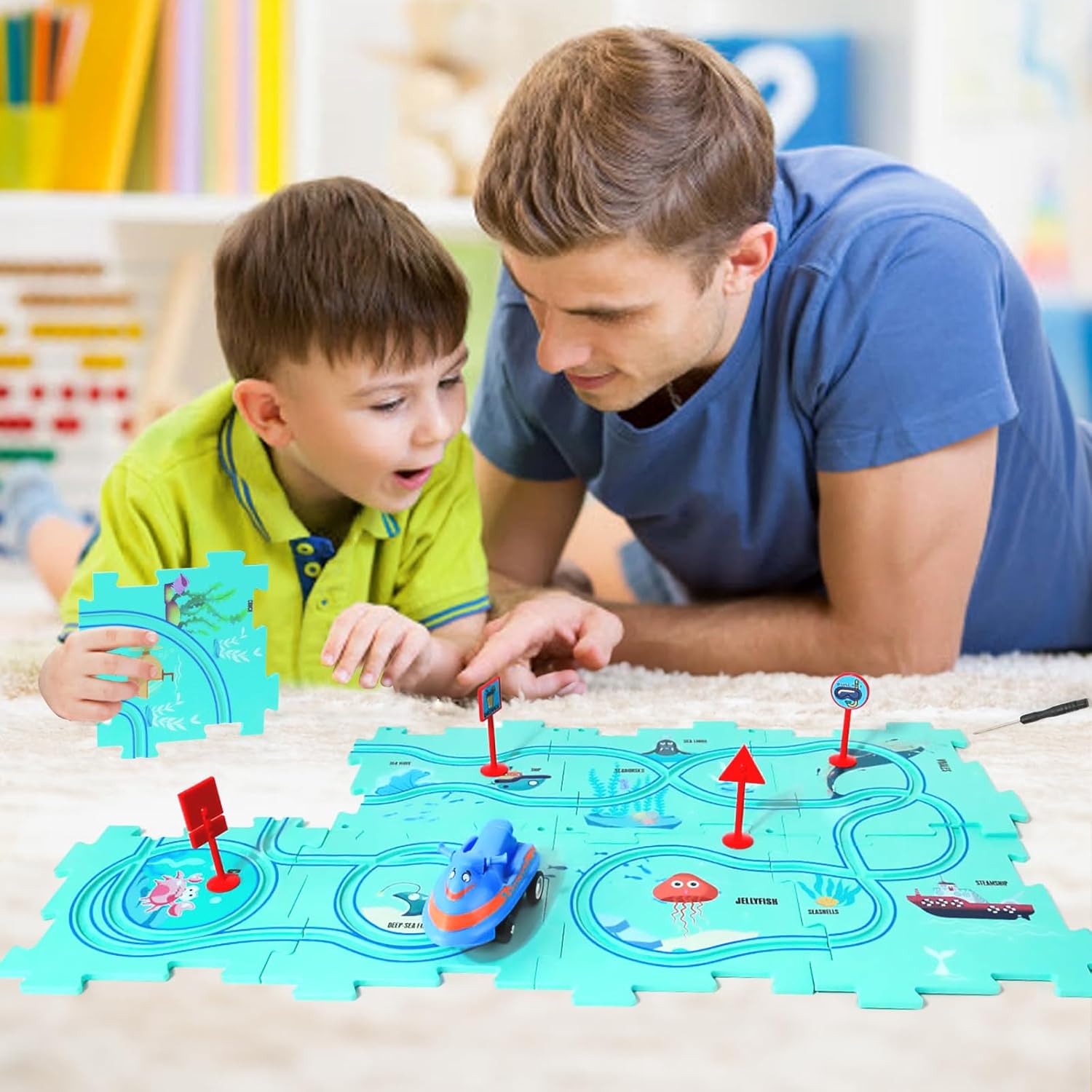 Juego de rompecabezas de coche de pista, rompecabezas de piso de plástico para niños de 3 a 5 años con vehículos, rompecabezas de carrito eléctrico,
