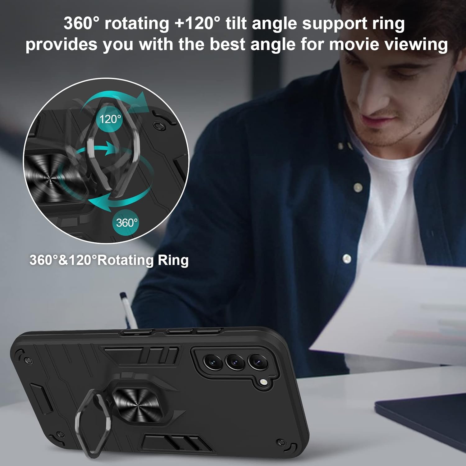 Btstring Funda compatible con Samsung Galaxy S22, con protector de pantalla de vidrio templado, funda a prueba de golpes con soporte, funda