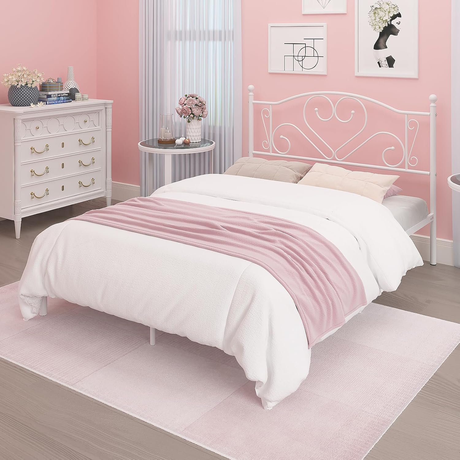 Weehom Base de cama de tamaño matrimonial con cabecero, plataforma de soporte de listones de acero resistente debajo de la cama, espacio de