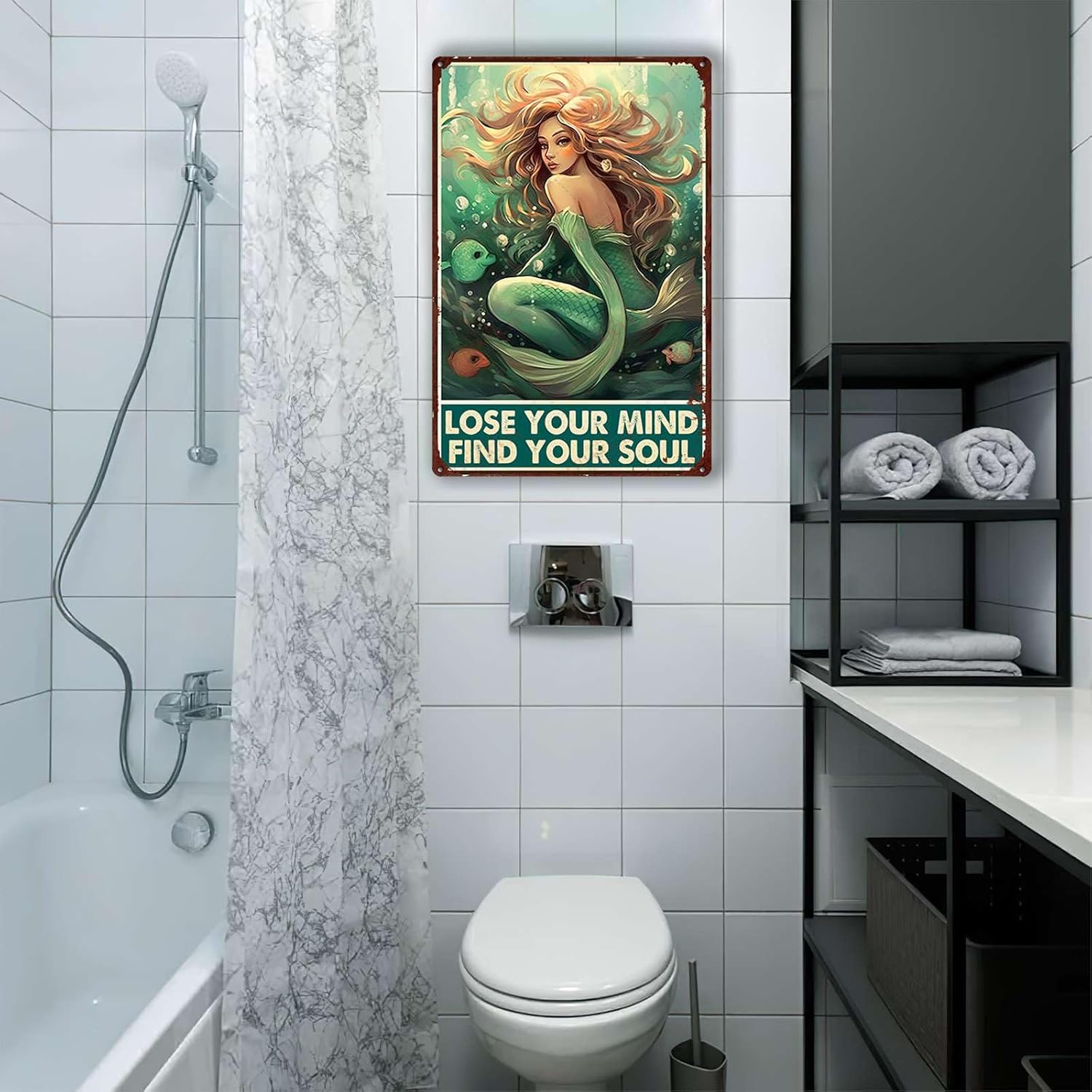 Letrero de metal con texto en inglés “Lose Your Mind Find Your Soul”, diseño de sirena para pared, 8.00 x 12.00 pulgadas