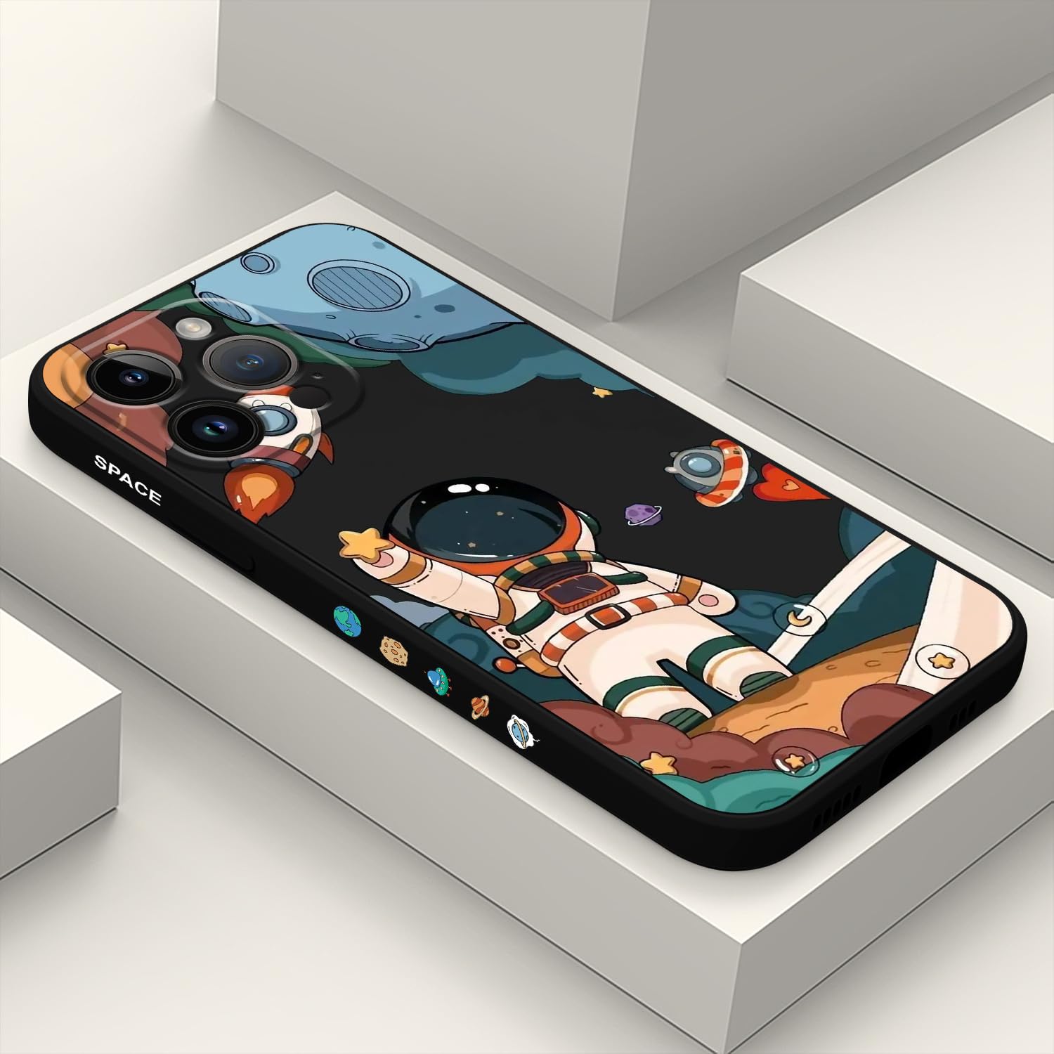 LEECG Fundas para iPhone 15 Pro Max, para iPhone 15 Pro Max, funda de astronauta lateral con diseños de patrón creativo de silicona líquida a prueba