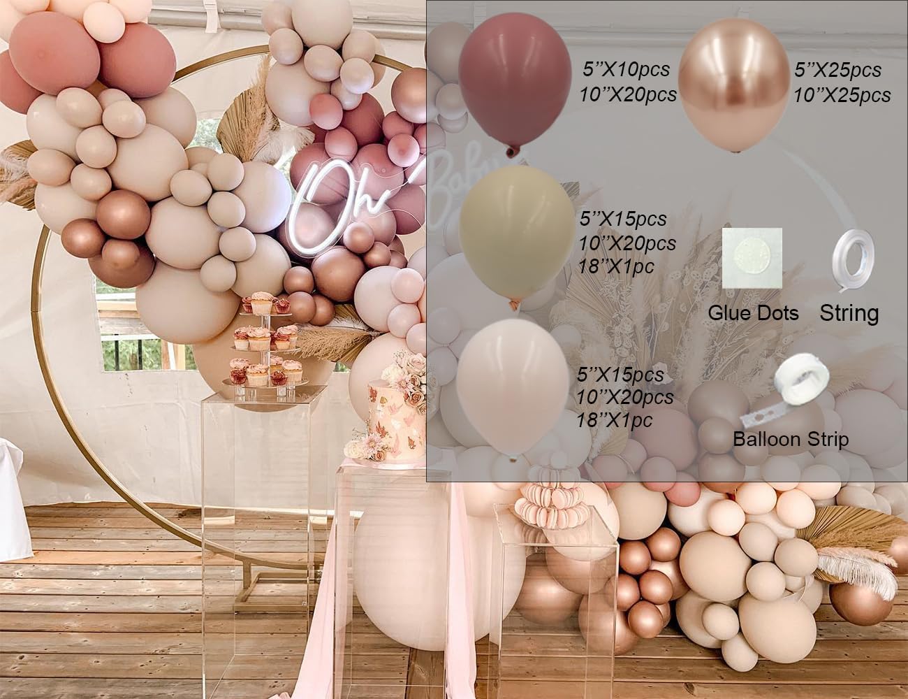 Kit de guirnalda de arco de globos de color rosa polvoriento, 157 globos retro de doble relleno, color albaricoque, crema, melocotón, para baby