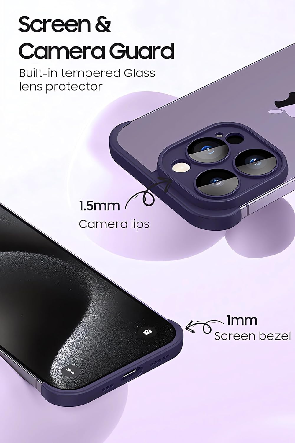 LEKEVO Funda sin marco para iPhone 15 Pro Max con protector de lente de cámara, funda delgada de TPU suave a prueba de golpes, carcasa minimalista