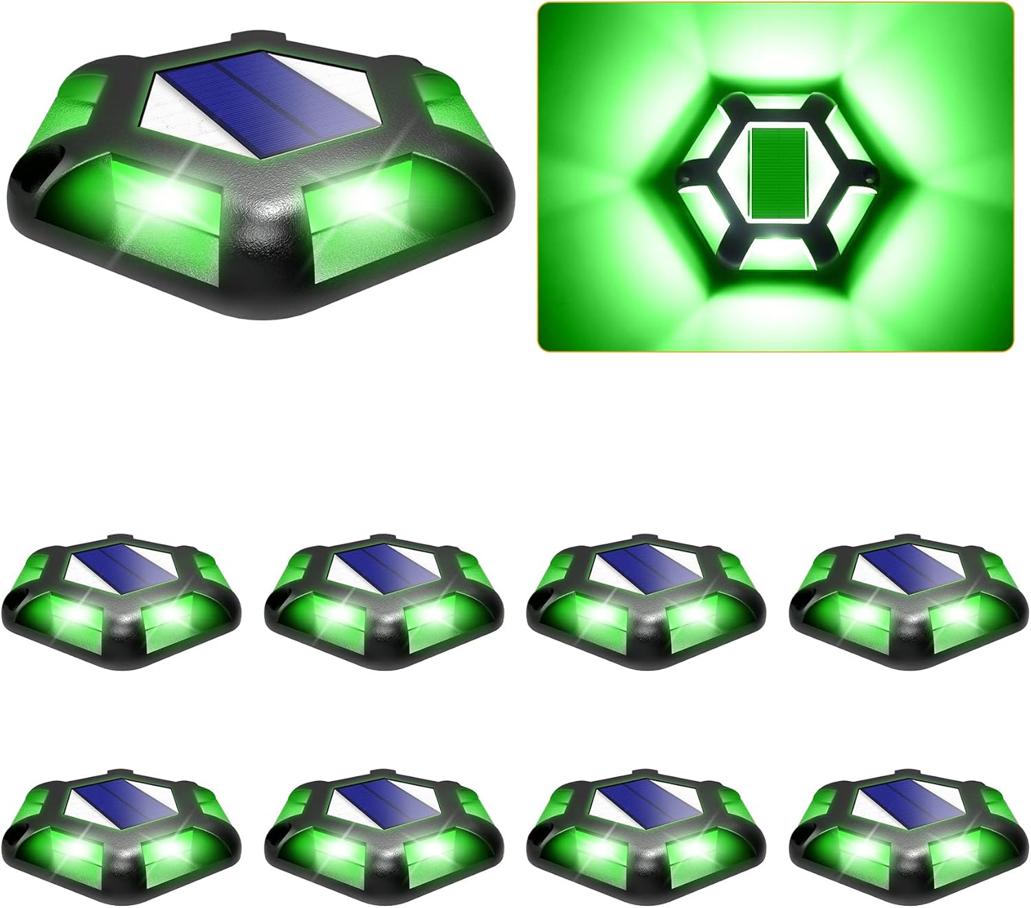 Luces solares verdes para muelle de entrada, 8 paquetes de luces impermeables de 1200 mAh LED de aluminio para exteriores, advertencia de
