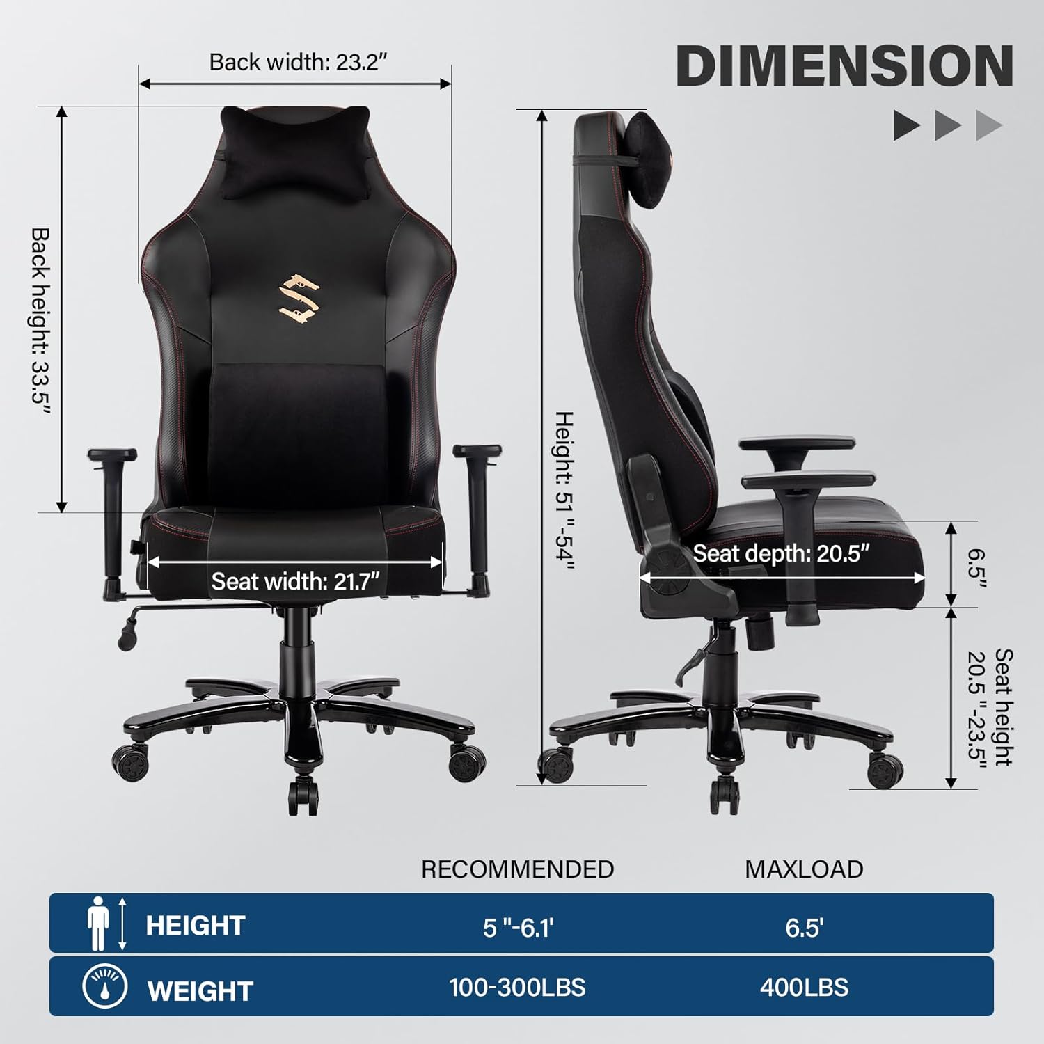 Fantasylab Silla de juegos grande y alta de 400 libras con almohada lumbar de masaje, reposacabezas, reposabrazos 3D, base de metal, piel sintética