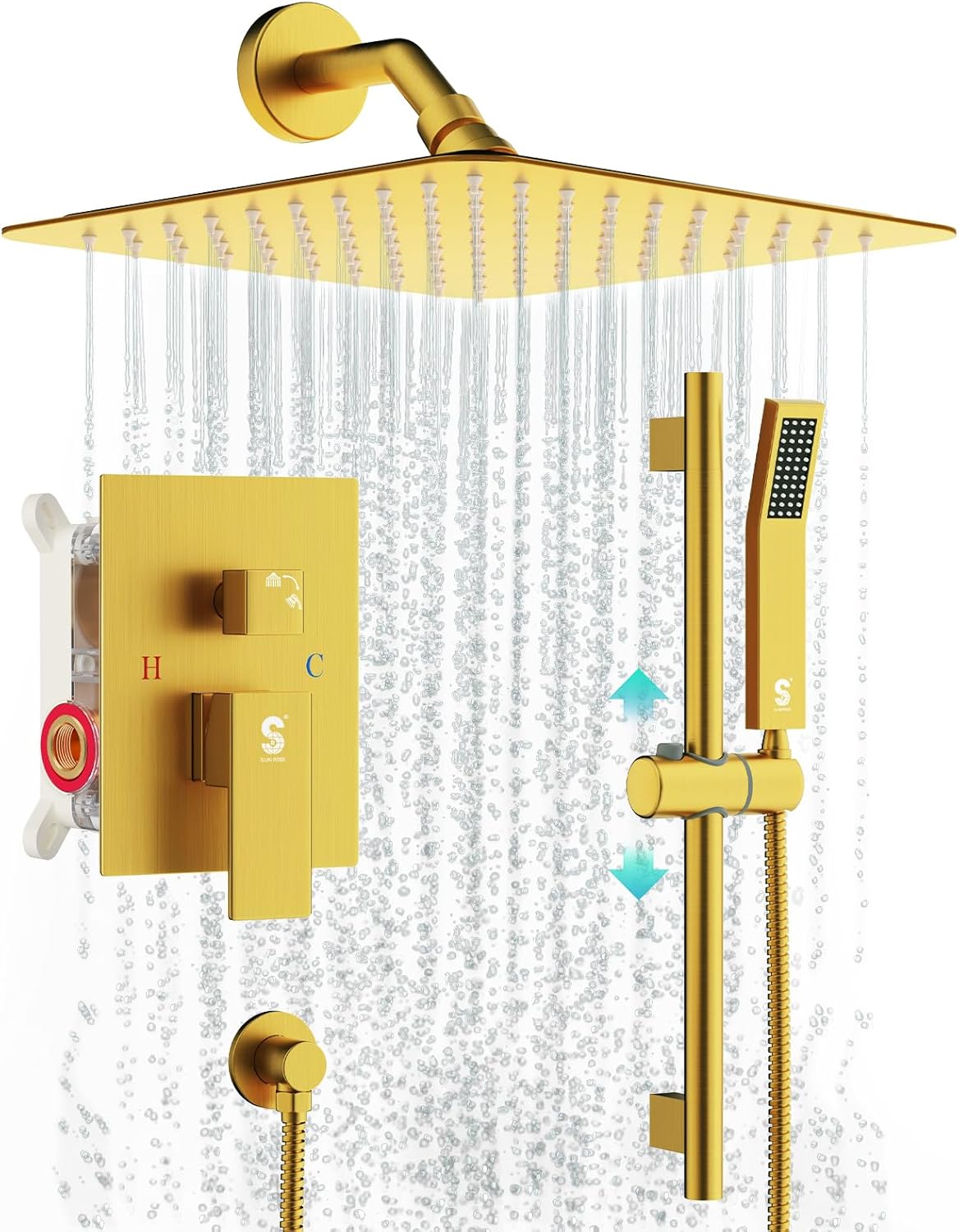 SR SUN RISE Juego de grifo de ducha dorado cepillado de 8 pulgadas, barra deslizante ajustable de 16 pulgadas para montaje en pared con sistema de
