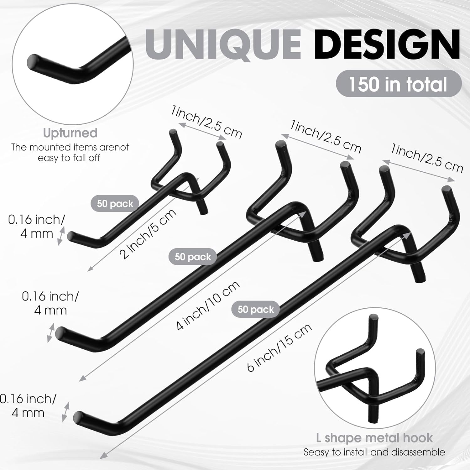 150 ganchos de acero inoxidable para tablero de clavijas negras, ganchos para estanterías para tablero de clavijas, accesorios de metal negro,