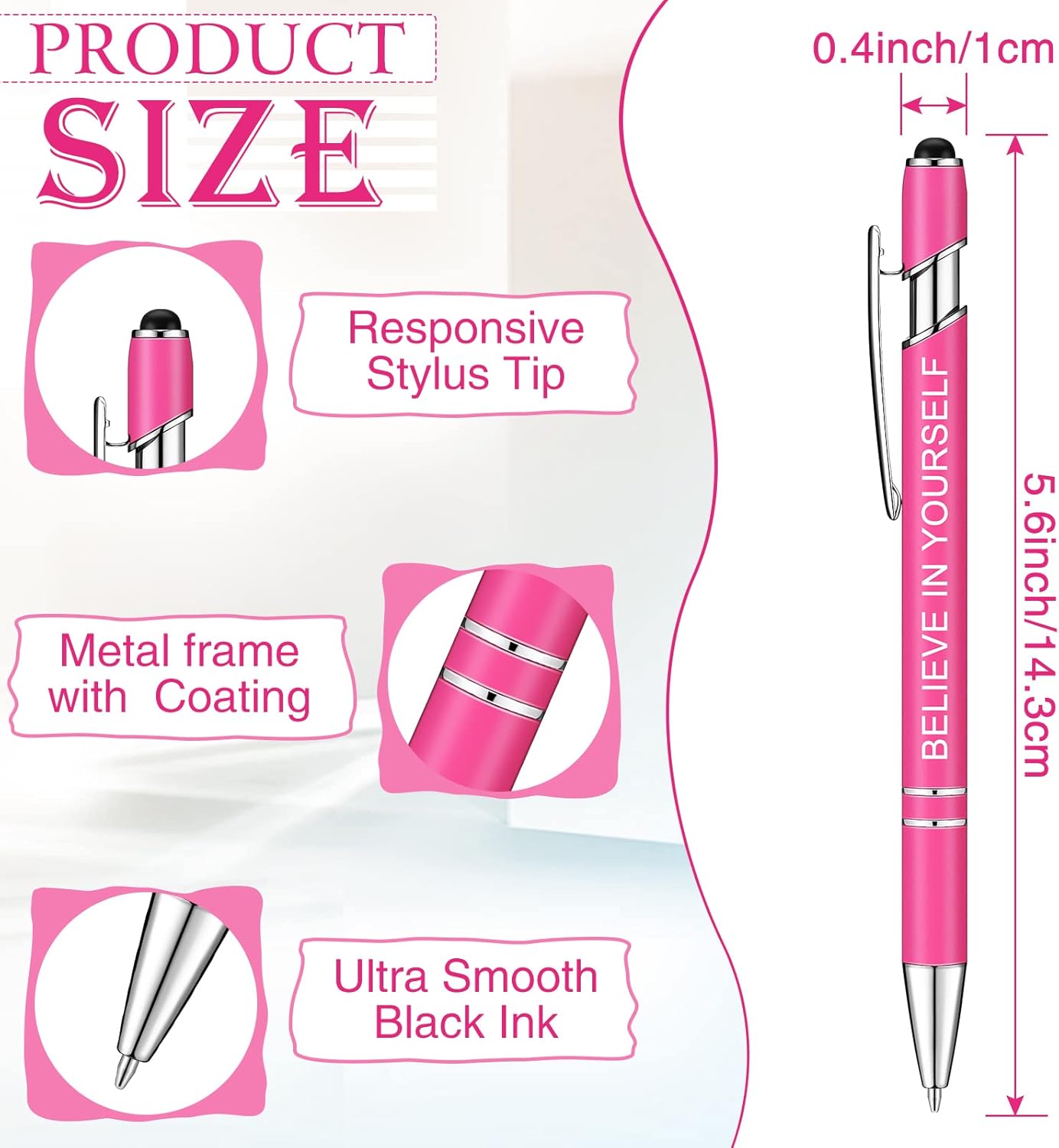 12 bolígrafos Zonon con citas inspiradoras, lápiz digital (stylus), mensajes motivacionales, de metal, tinta negra, alentadores (Dama Jefa, rosa)