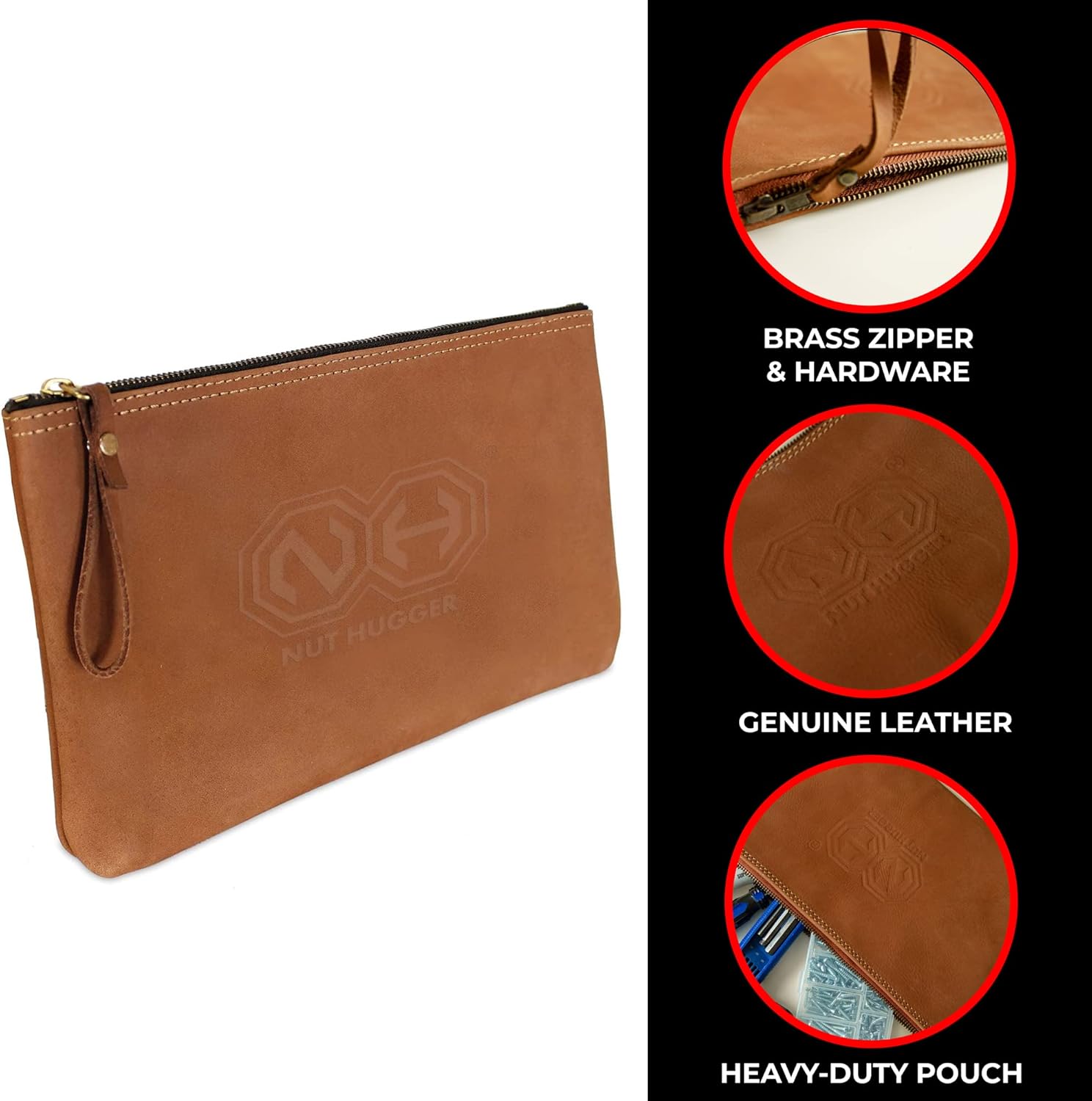 Nut Hugger – Bolsa para herramientas, organizador multiusos de cuero, bolsa de mano para herramientas de mano, cremallera de latón resistente,