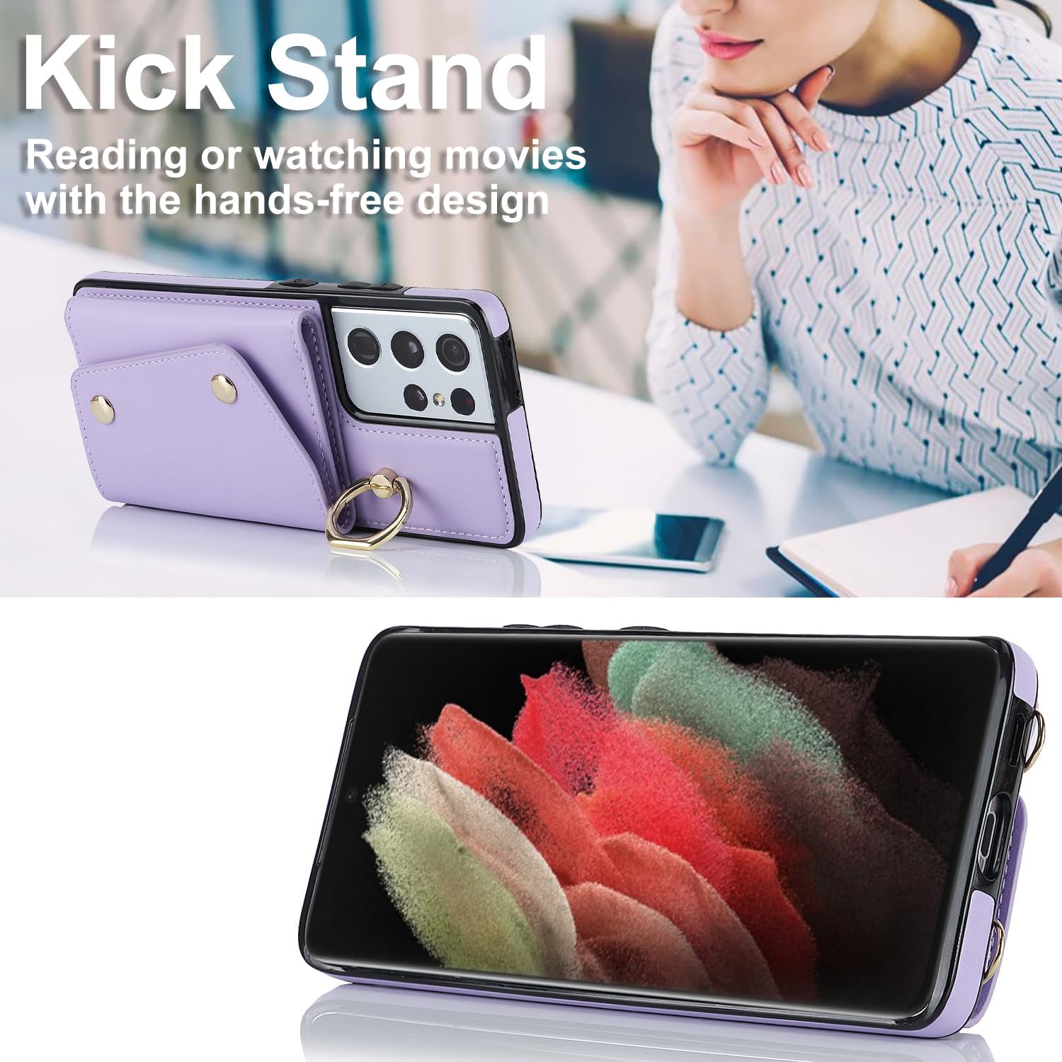 Asuwish Funda de teléfono para Samsung Galaxy S21 Ultra 5G Funda tipo cartera con protector de pantalla y soporte para anillo para tarjeta de
