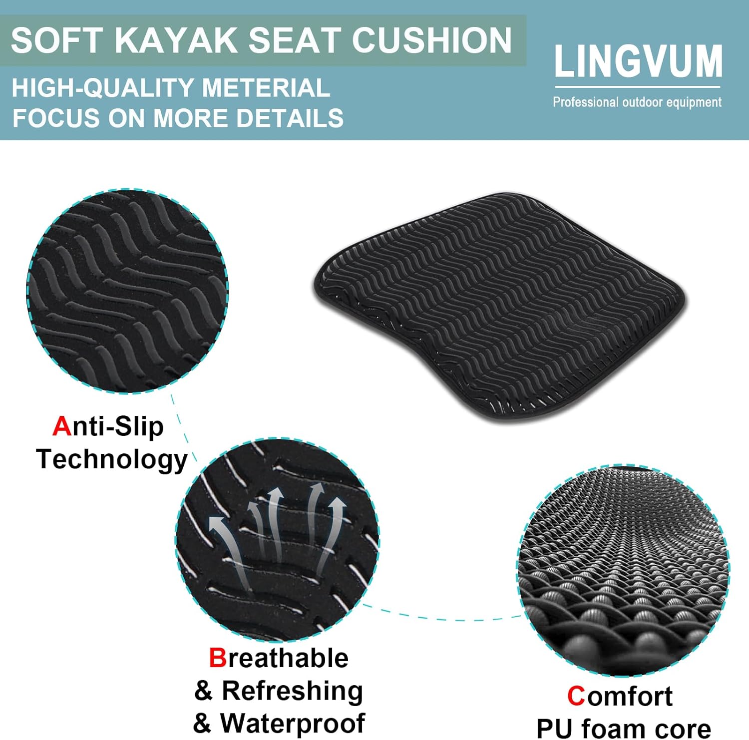 LINGVUM Cojín de asiento de kayak suave e impermeable para sentarse durante mucho tiempo, cómodos accesorios de kayak para kayak, canoa, barco, negro