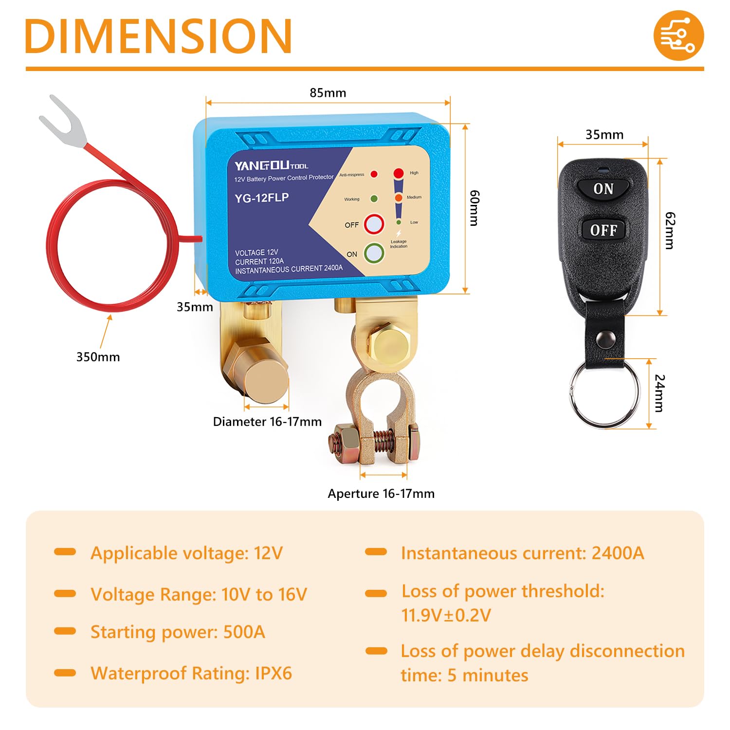 Yangoutool 12 V hasta 2400 A remoto y local, desconexión de batería antirrobo, interruptor de apagado, protector de ahorro de energía con indicación