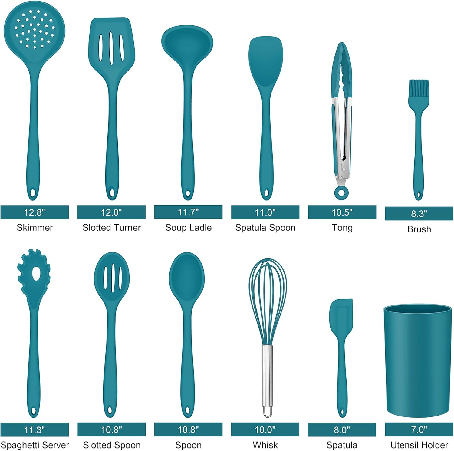 LIANYU Juego de utensilios de cocina de silicona de 12 piezas con soporte, herramientas de cocina que incluyen espátula ranurada, cuchara, cucharón,