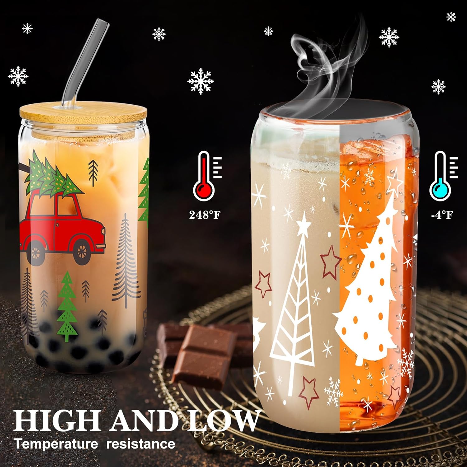 Umigy Paquete de 12 vasos de Navidad de 16 onzas, tarros de Navidad con tapas y pajitas, vasos de Navidad, vasos con forma de lata de cerveza, tazas
