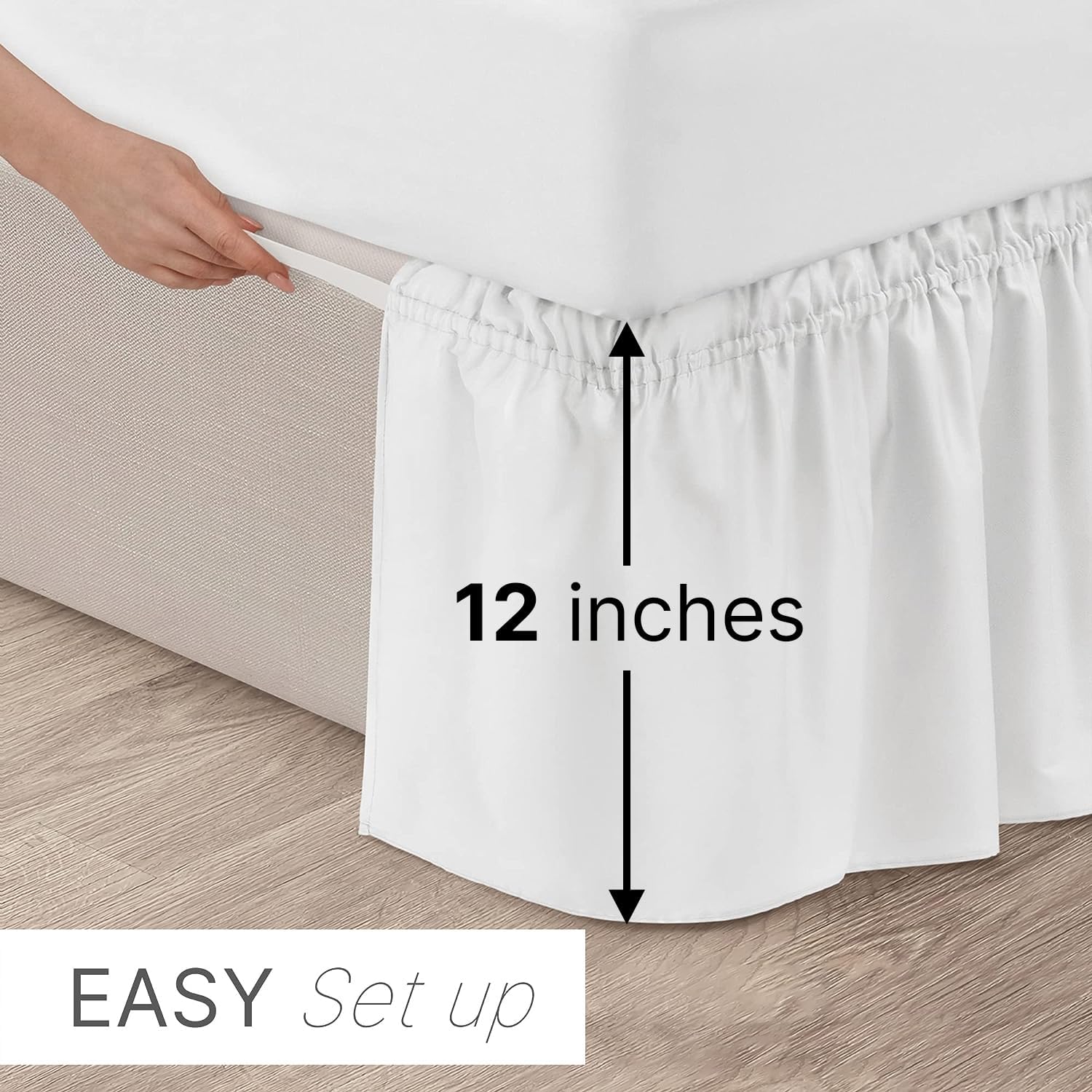 CGK Linens – Falda de cama envolvente con volantes, color blanco, para camas de tamaño Queen con caída de 12 pulgadas, correa elástica de fácil