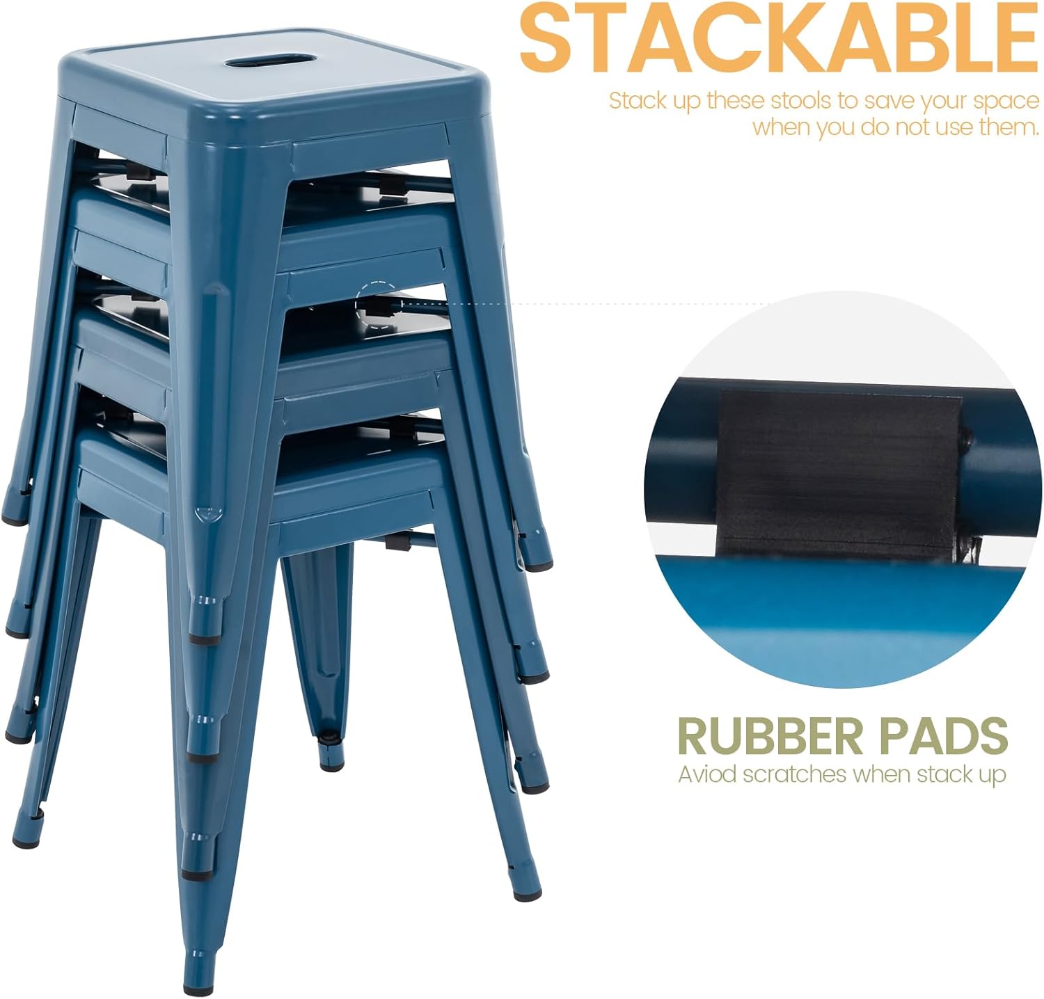 Brage Living Juego de 4 taburetes industriales de metal de 18 pulgadas, taburetes apilables para aula, sillas de comedor de metal sin espalda para