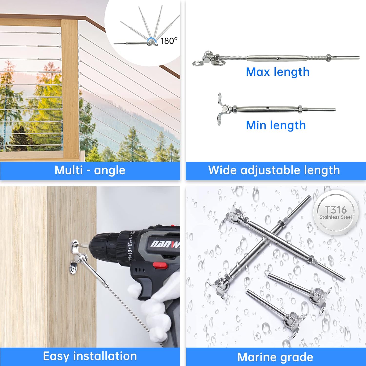 Muzata Kit de barandillas de cable de 32 pares de herrajes de 18 pulgadas, acero inoxidable T316 para poste de madera, ángulo de sistema fácil de