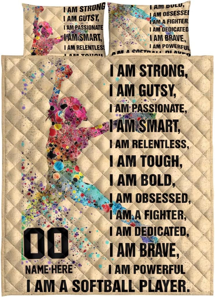 OhaPrints Juego de ropa de cama y fundas de almohada personalizadas, con texto en inglés “I Am Strong I Am A Softball Player, color beige, con