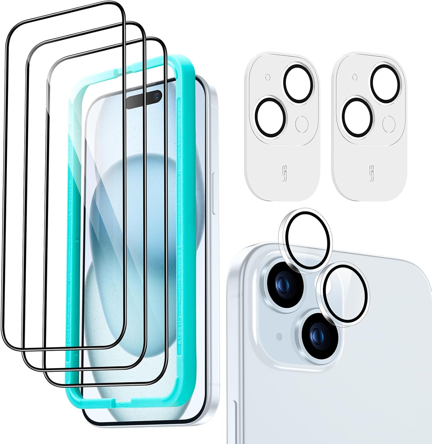 ESR Paquete de 3+2 protectores de pantalla para iPhone 15, 3 protectores de pantalla de vidrio templado y 2 protectores de lente de cámara, bordes
