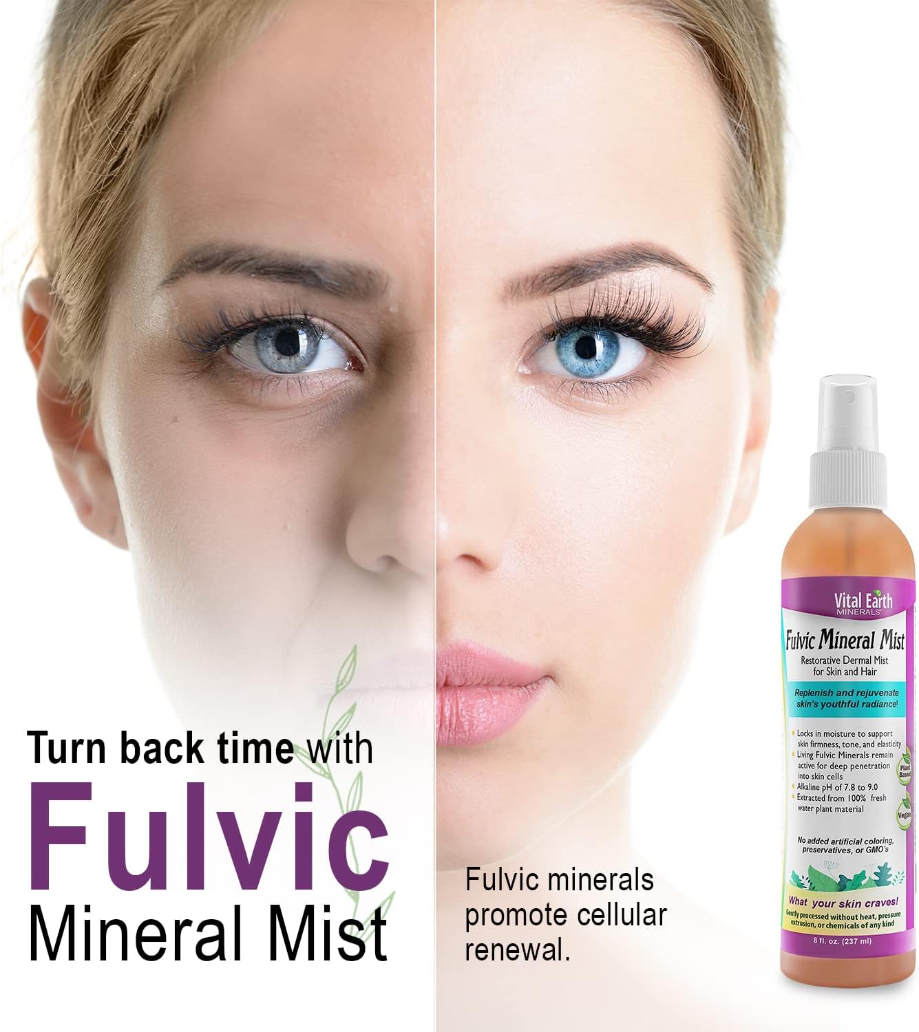 Vital Earth Minerals Fulvic – Bruma facial mineral para el cuidado de la piel y el cabello, espray facial hidratante, renovación celular y
