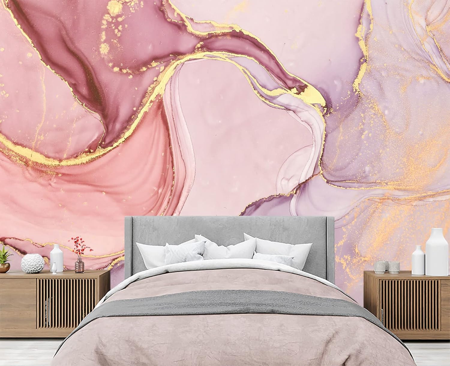 Eierme Papel pintado de pared rosa mármol dorado para dormitorio, 178 x 117 pulgadas