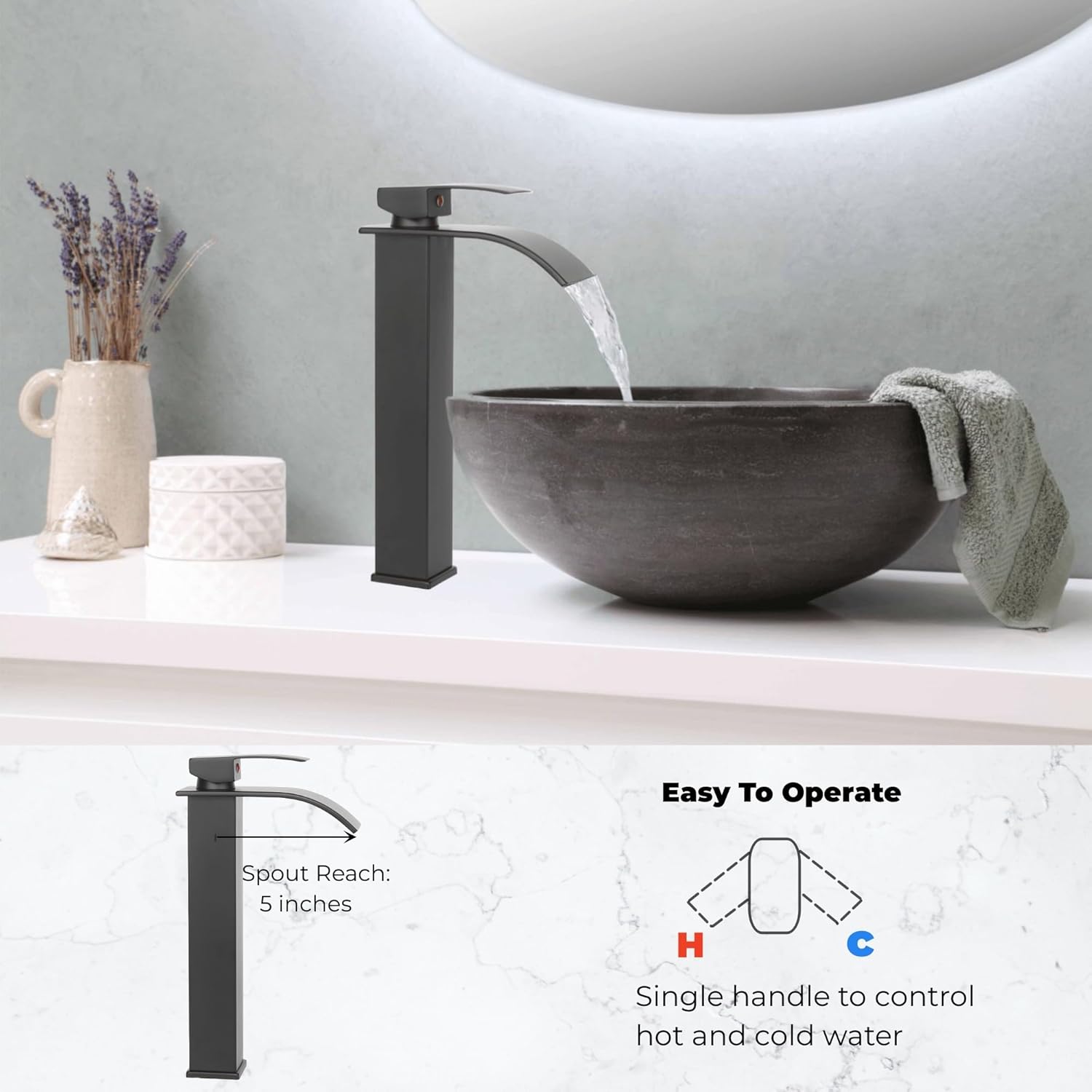 Grifos de baño, grifo de lavabo de cascada, para fregadero de baño, 1 agujero, negro mate, grifo de tocador alto con drenaje combinado de montaje en