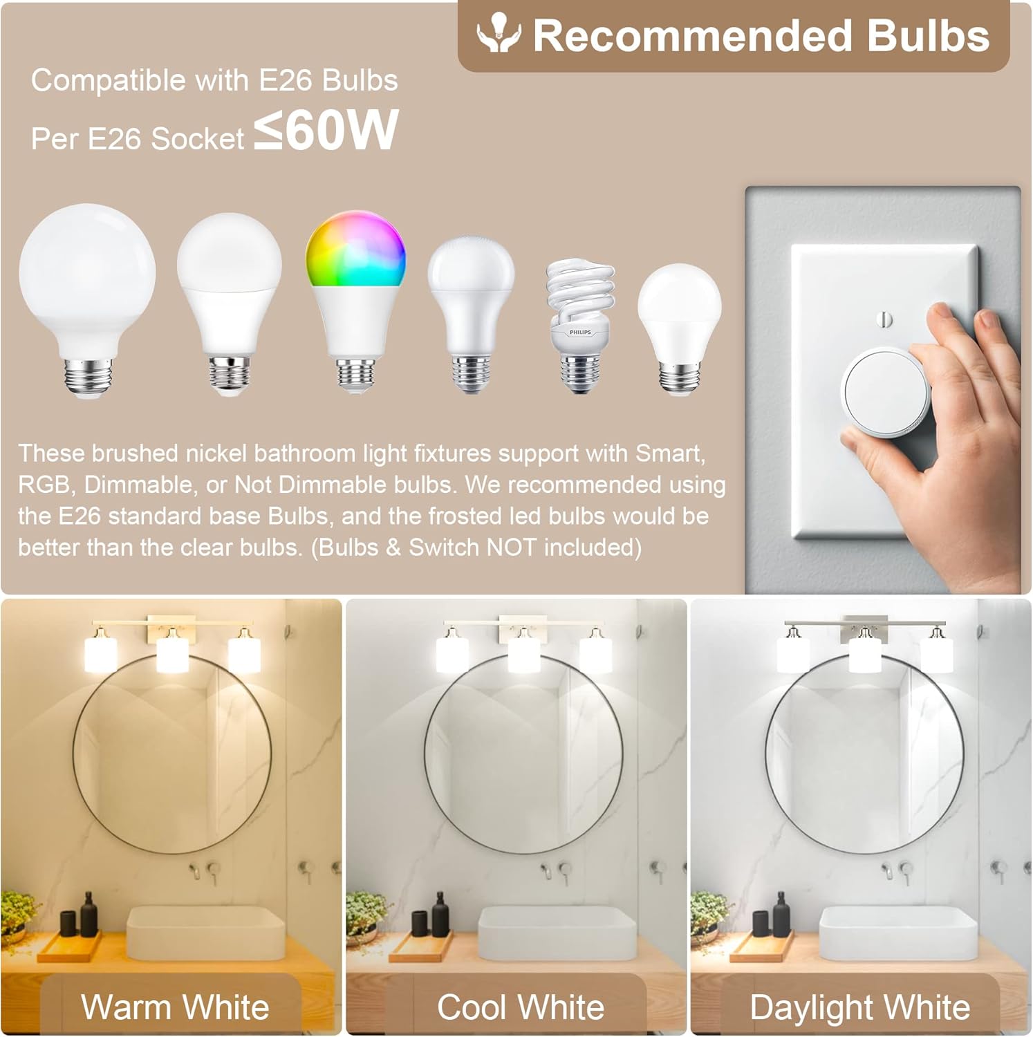 Sailstar Lámparas de baño, luces de tocador de níquel cepillado, 3 luces, modernas luces de baño sobre espejo, pantalla de vidrio y acabado de