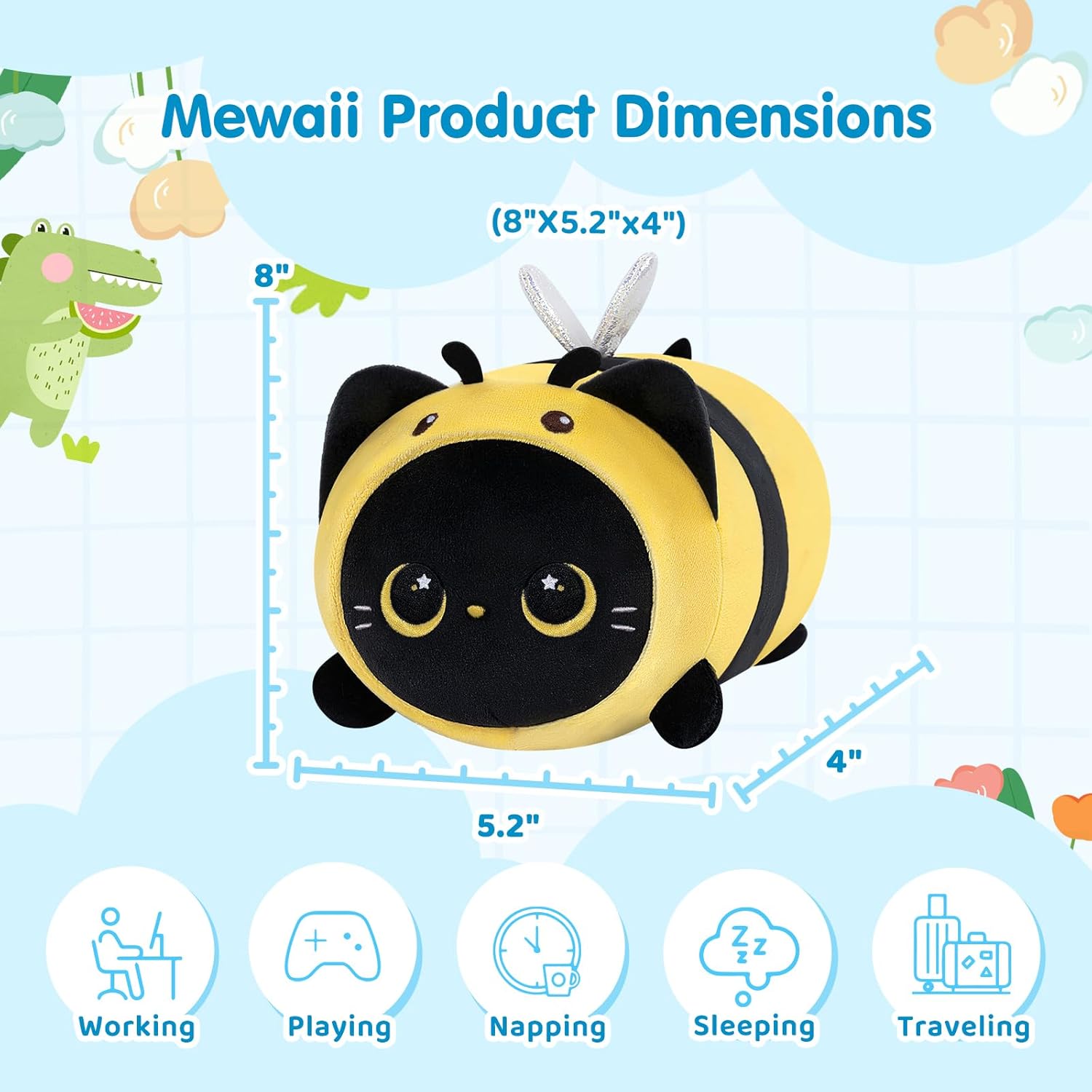 Bonita almohada de felpa de abeja de gato negro, peluche Kawaii de abeja de gato, peluche de gatito con disfraz de abeja de abeja, regalos suaves