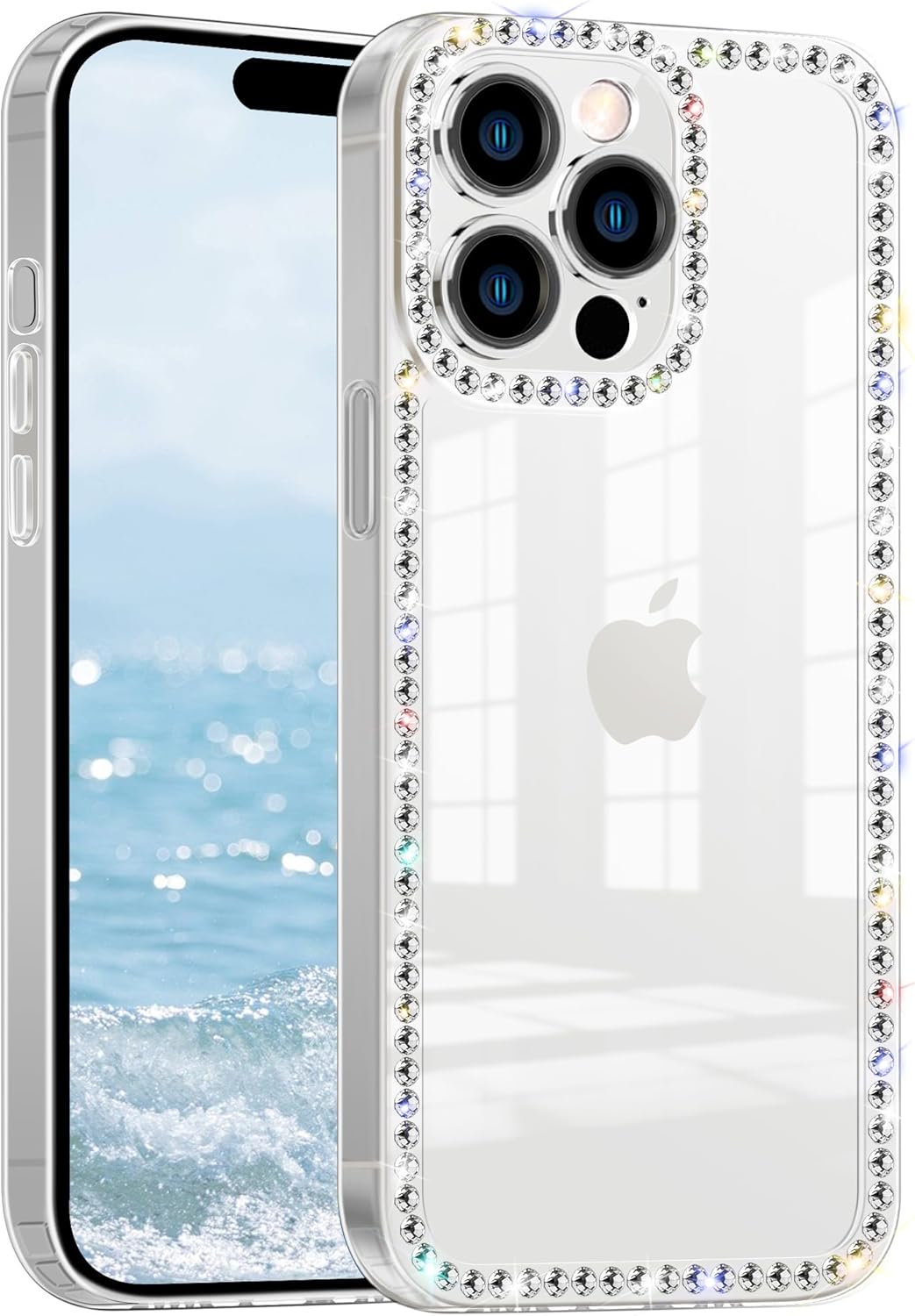 Funda compatible con iPhone 15 Pro Max transparente con diamantes de imitación para niñas y mujeres, funda femenina con purpurina brillante, diseño