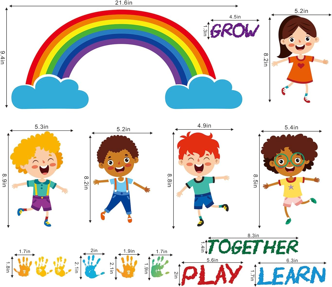 Calcomanías de pared coloridas de arco iris, calcomanías de pared con huellas de mano para niños, murales de pared inspiradores para despegar y
