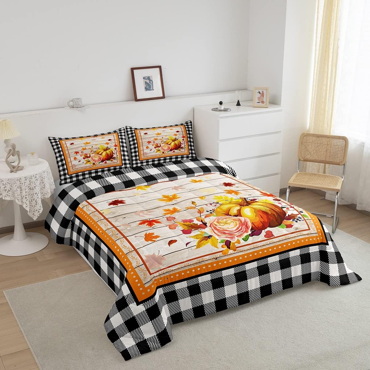 Castle Fairy Juego de edredón de acuarela con flores de calabaza, tamaño individual, juego de edredón con temática de Acción de Gracias, colección