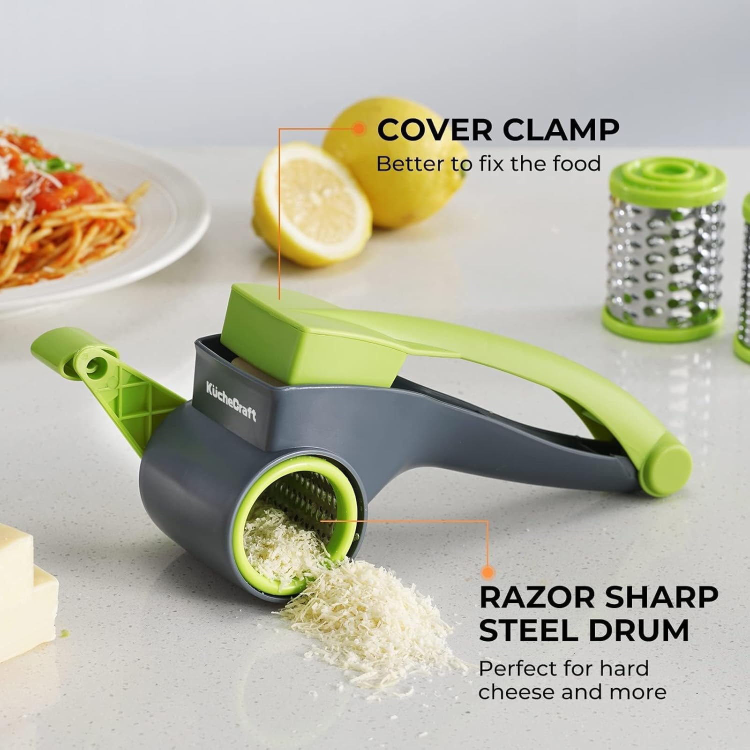 KucheCraft Rallador de queso con asa, rallador de queso parmesano de cocina con 2 tambores de acero inoxidable, rallador de queso giratorio de mano