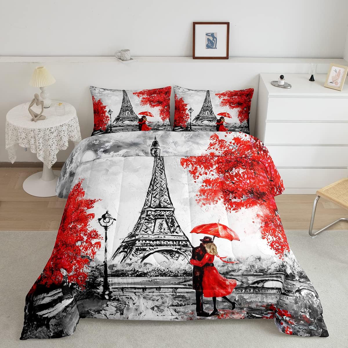 Castle Fairy Juego de edredón de la Torre Eiffel, tamaño King, juego de ropa de cama de estilo francés emblemático de París para niñas y