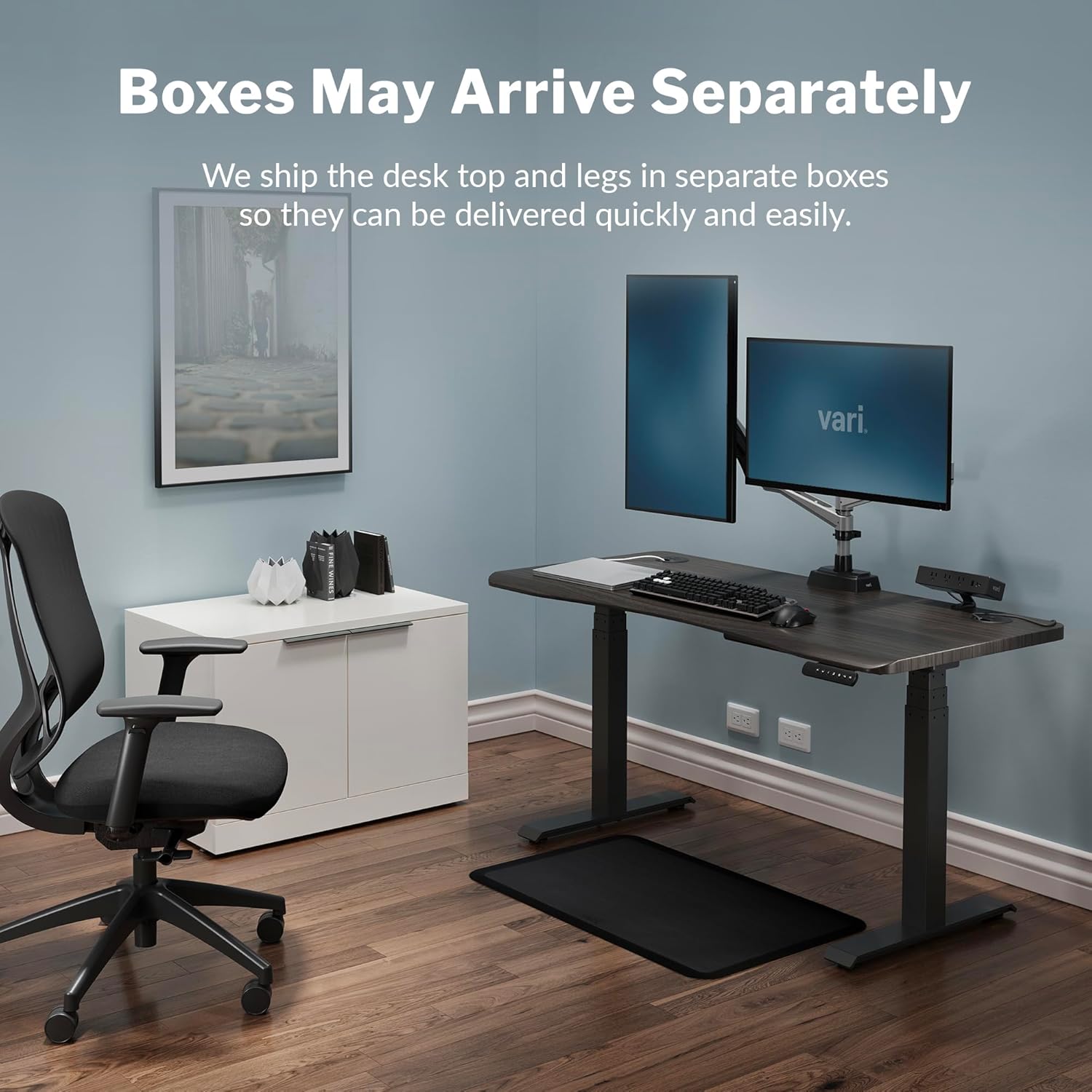 Vari VariDesk Ergo – Escritorio de pie ajustable en altura de 54 x 26 pulgadas, escritorio eléctrico curvado de pie con borde redondeado de cascada,