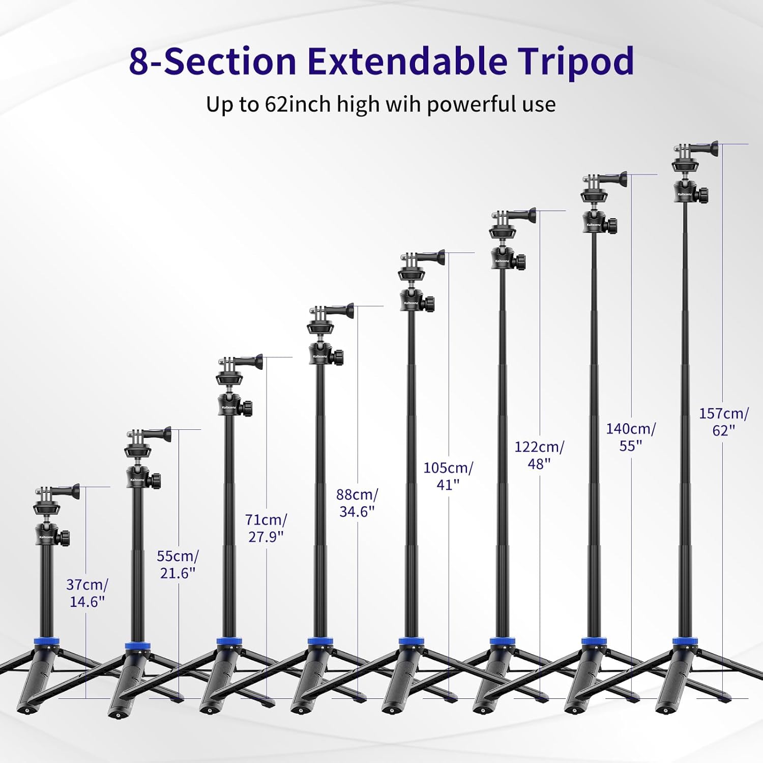 Kaitezenz Trípode selfie stick para cámara GoPro, soporte de trípode extensible de 62 pulgadas con cabeza de bola de 360 tornillo de 14 pulgadas,