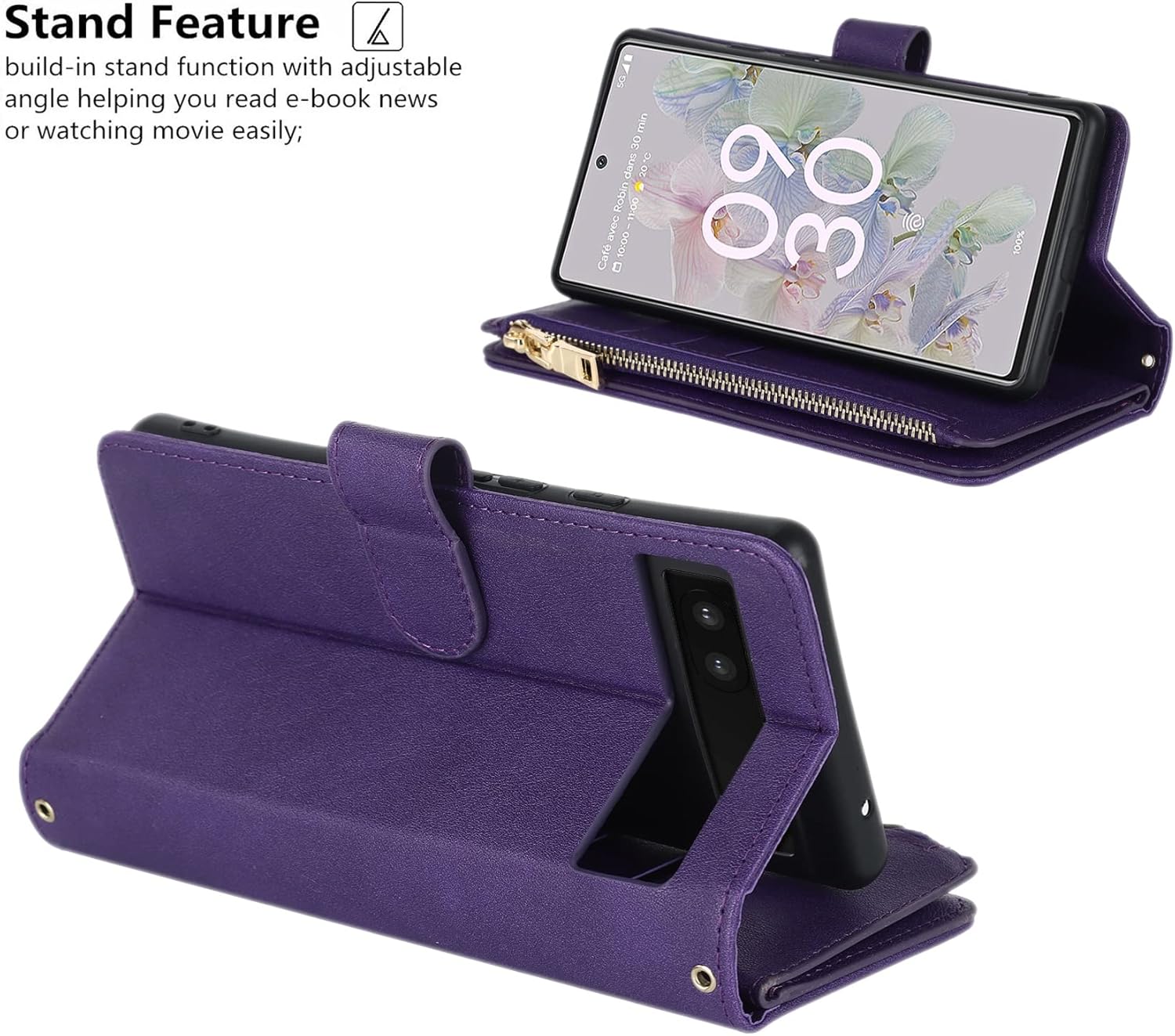 iCoverCase Funda tipo cartera para Google Pixel 6a con soporte para tarjetas, función atril, funda de piel sintética con cordón ajustable para