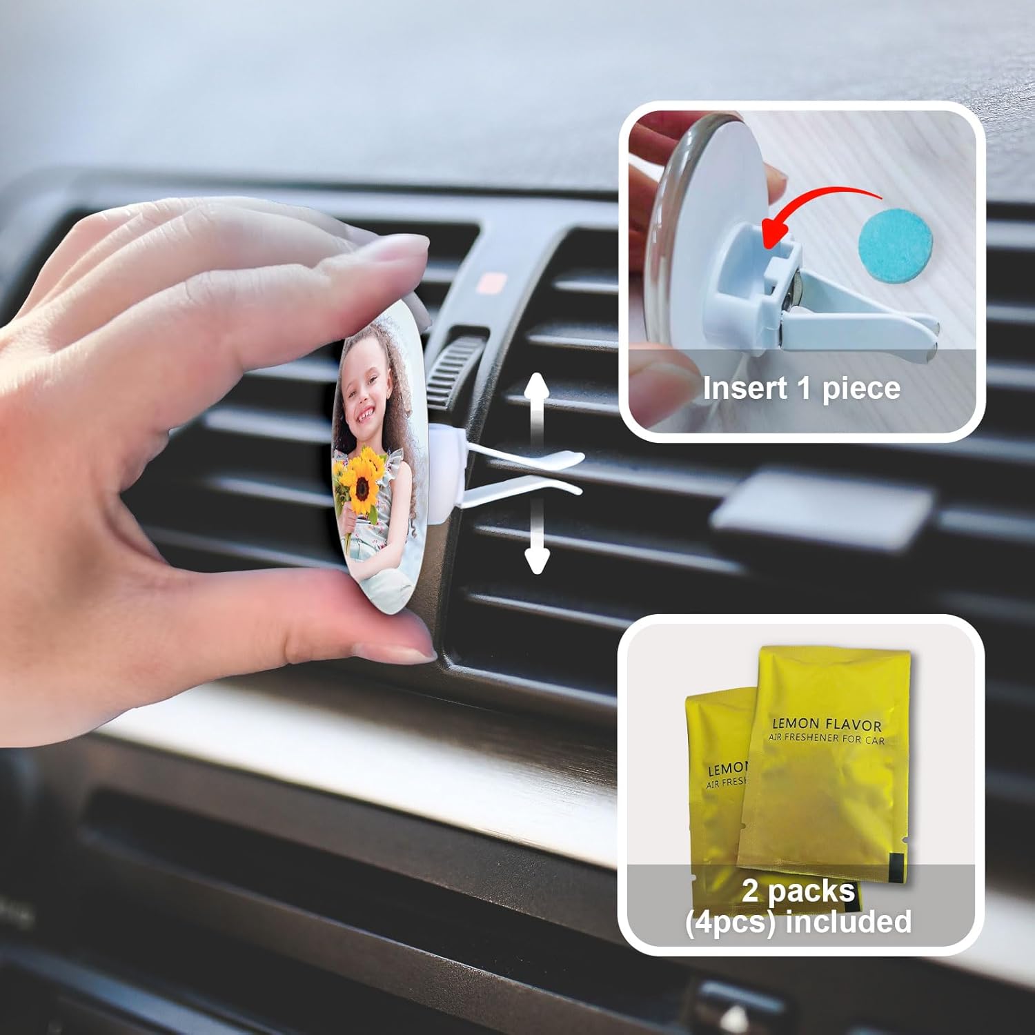 Clip de ventilación de automóvil de aromaterapia personalizado con texto fotográfico, ambientador de aire personalizado para automóvil, purificador