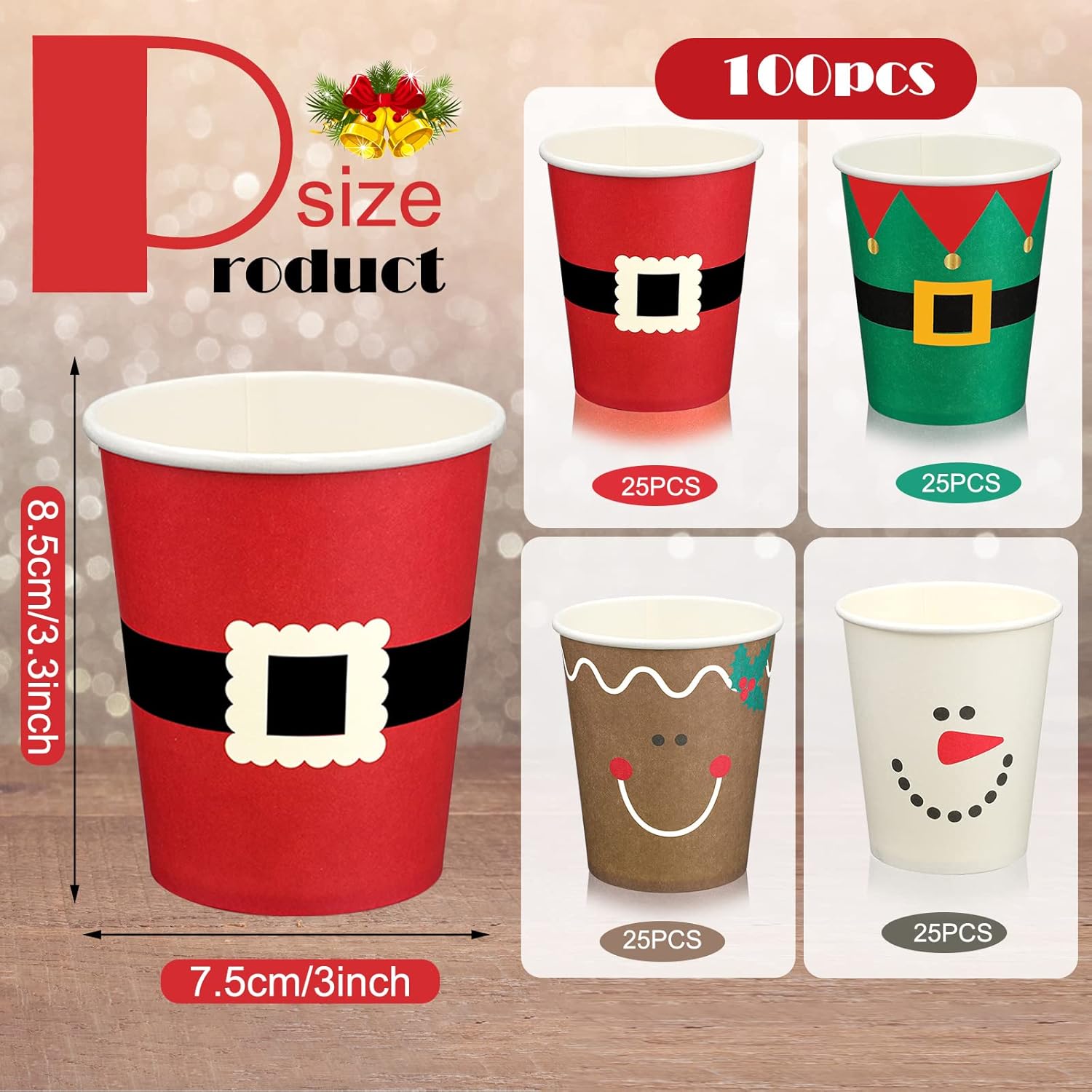 100 vasos de papel de Navidad, vasos de café desechables de Navidad, copos de nieve, Papá Noel, elfo, muñeco de nieve, alce, tazas de Navidad de 9