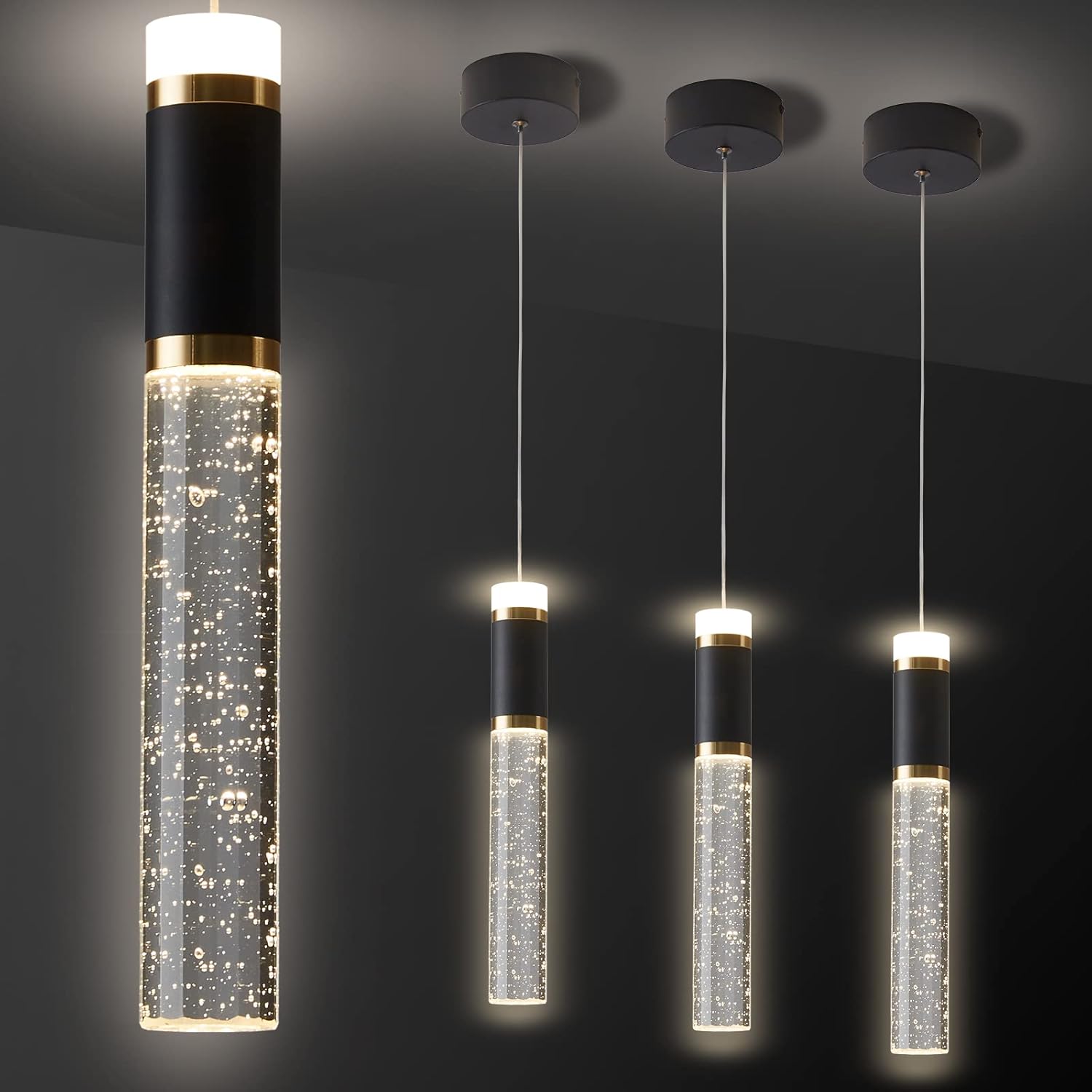 Lámpara colgante LED, lámpara LED moderna de cristal para isla de cocina, iluminación colgante ajustable para isla de cocina, candelabro LED negro