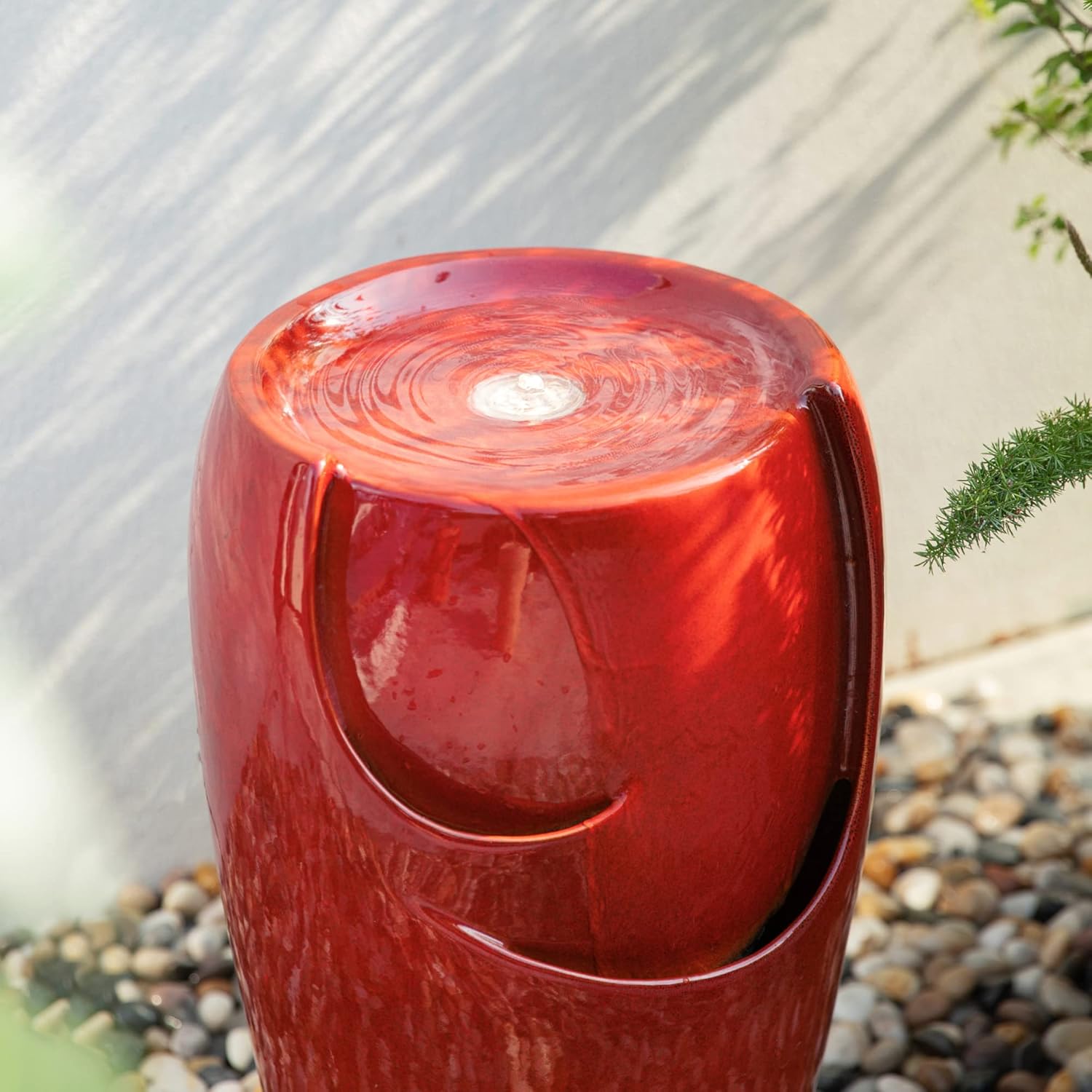 Glitzhome Jarrón de cerámica de 21.25 pulgadas de alto, fuente de agua para exteriores, fuente de agua alta para patio y jardín, con luz LED y bomba