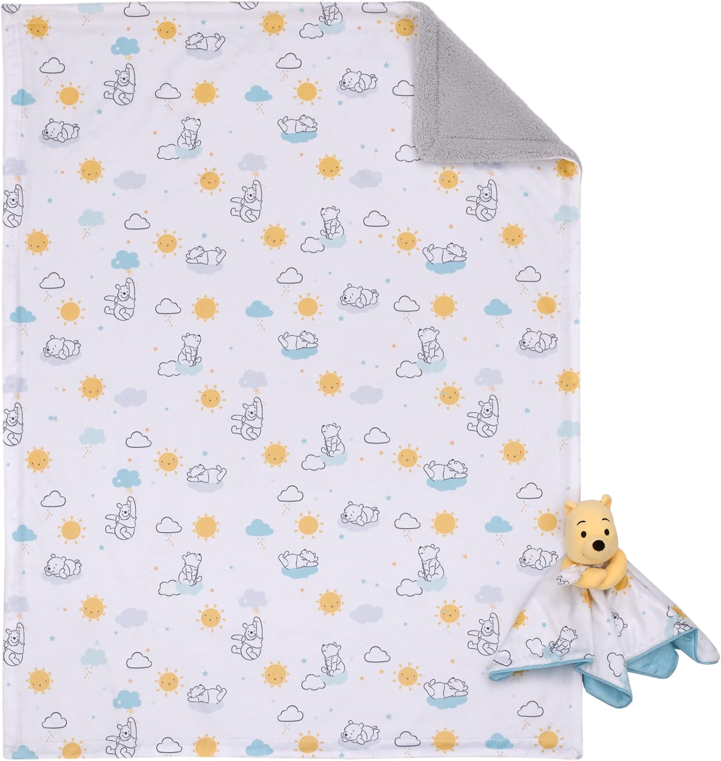 Disney Winnie The Pooh – Juego de 2 piezas de manta de bebé Sherpa súper suave y manta de seguridad para bebé, color blanco, amarillo y aguamarina