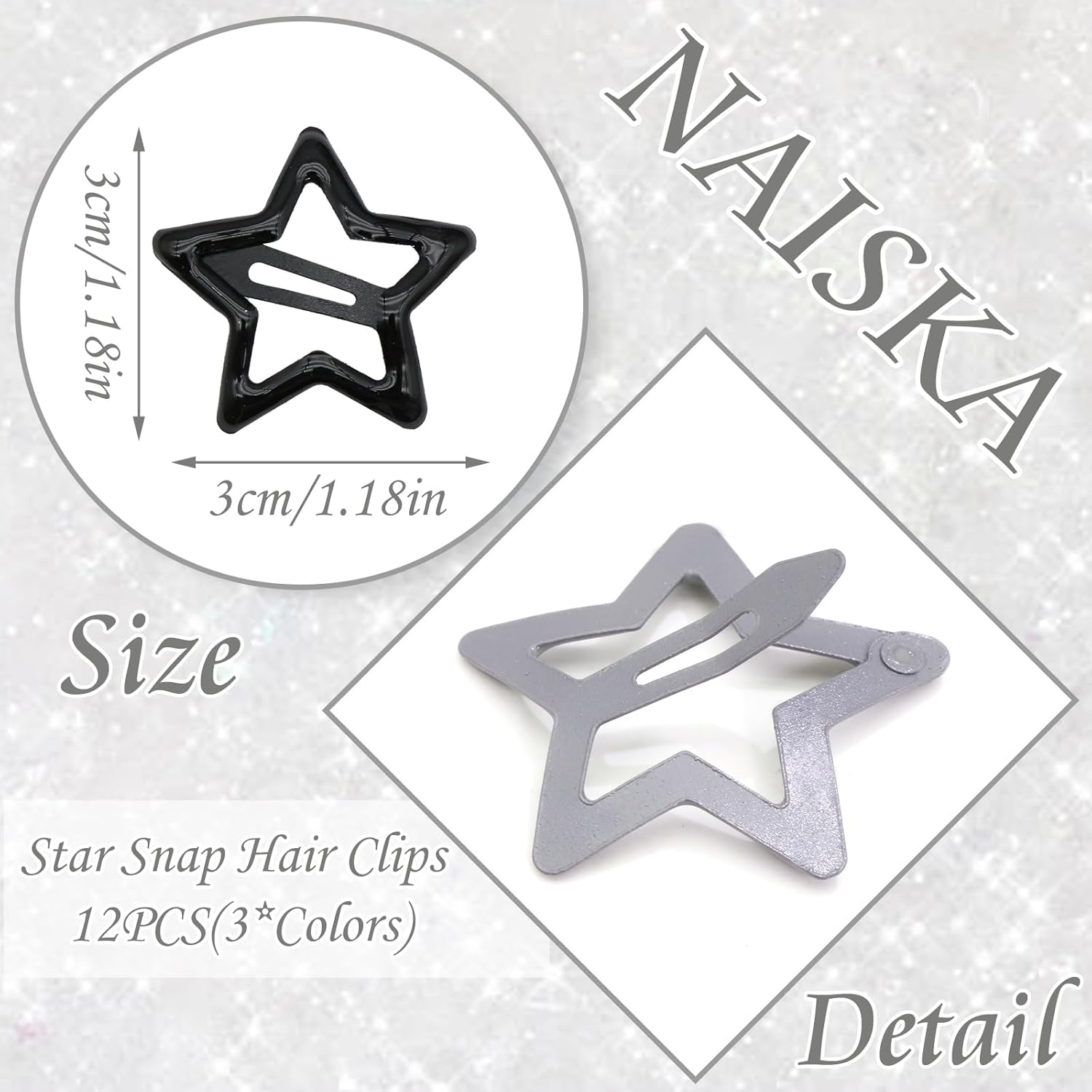 NAISKA Pinzas para el cabello con diseño de estrella negra, antideslizantes, accesorios para niñas y mujeres (12 unidades)