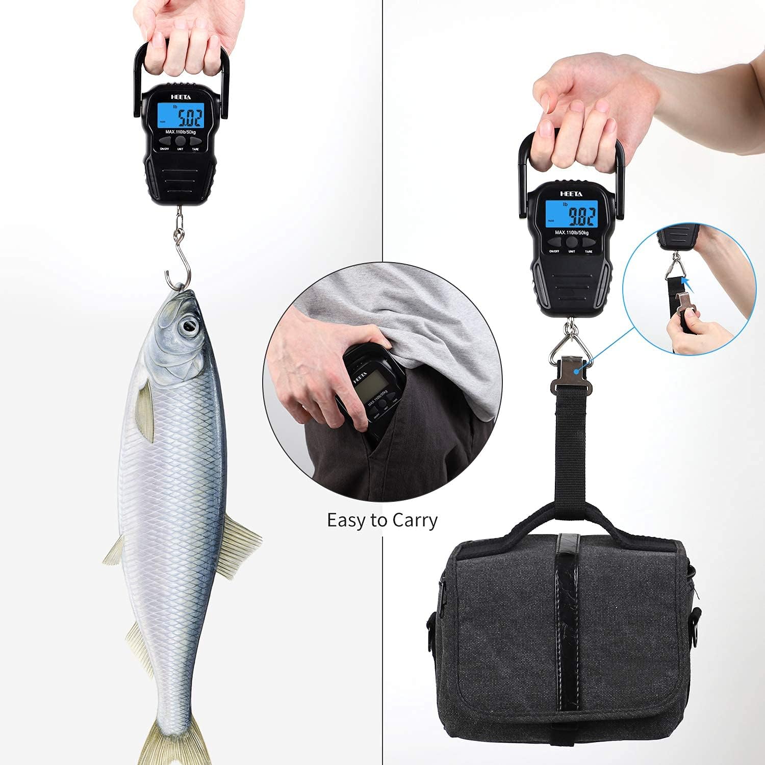HEETA Báscula de pescado con pantalla LCD retroiluminada con bolsa seca impermeable para mujeres y hombres