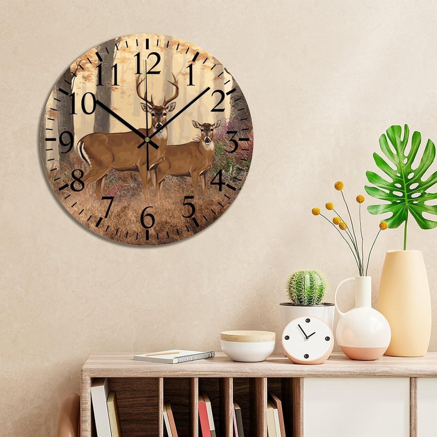 Reloj de pared para baño, reloj de pared redondo de PVC con ciervo, sin tictac, 10 x 10 pulgadas, decoración de cocina, regalo decorativo, funciona